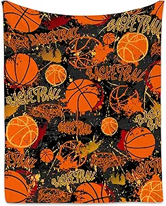Basketball Blanket, Cozy Soft Throw Gifts for Boys, Cool Orange Flannel Throw Blankets for Couch Sofa, 40x50 Inches