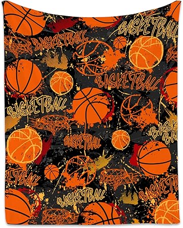 Basketball Blanket, Cozy Soft Throw Gifts for Boys, Cool Orange Flannel Throw Blankets for Couch Sofa, 40x50 Inches