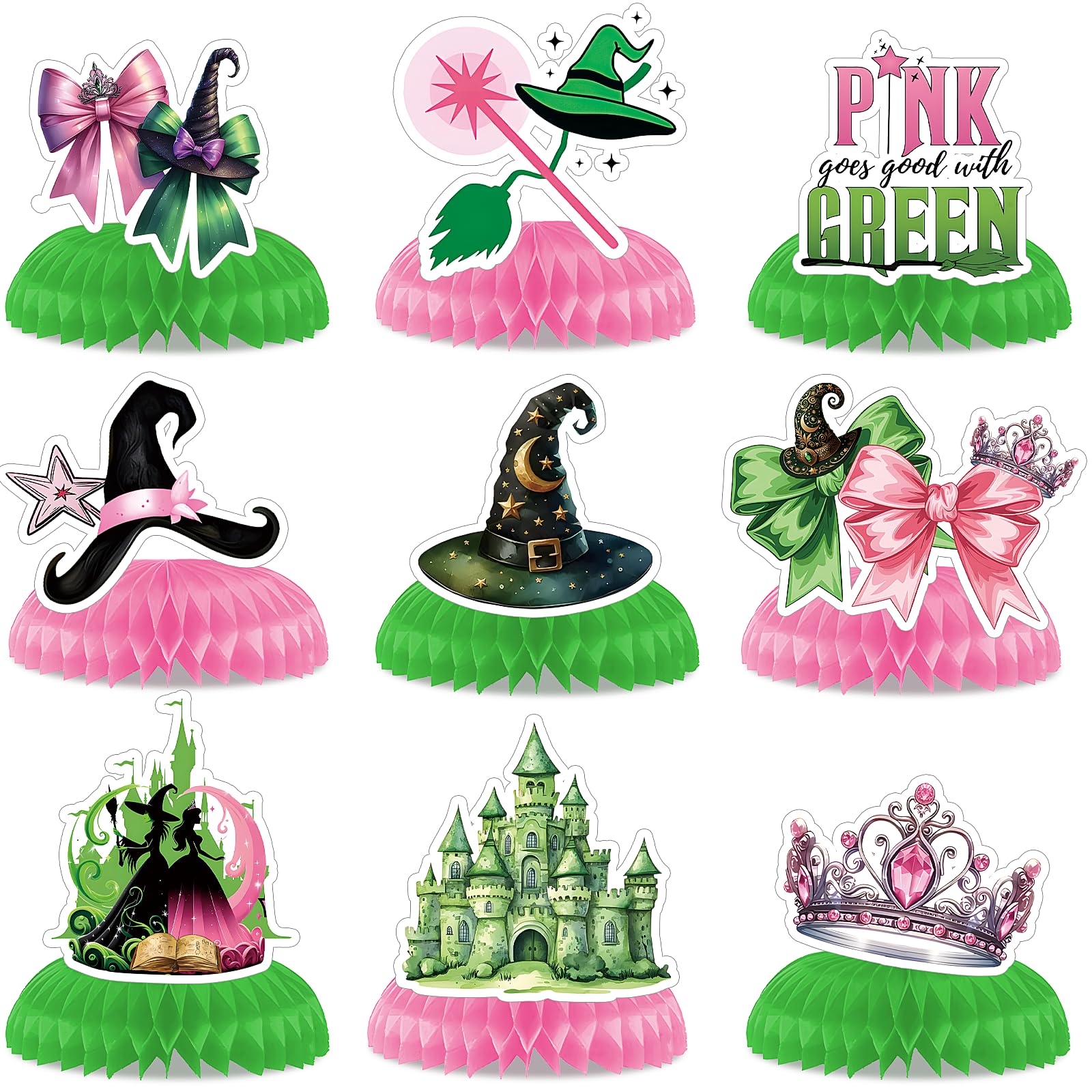 Hysagtek 9 Pcs Witch Theme Party Honeycomb Centerpieces, Pink and Green Party Decorations Double Sides Table Centerpieces Witch Theme Movie Birthday Party Supplies Decoration