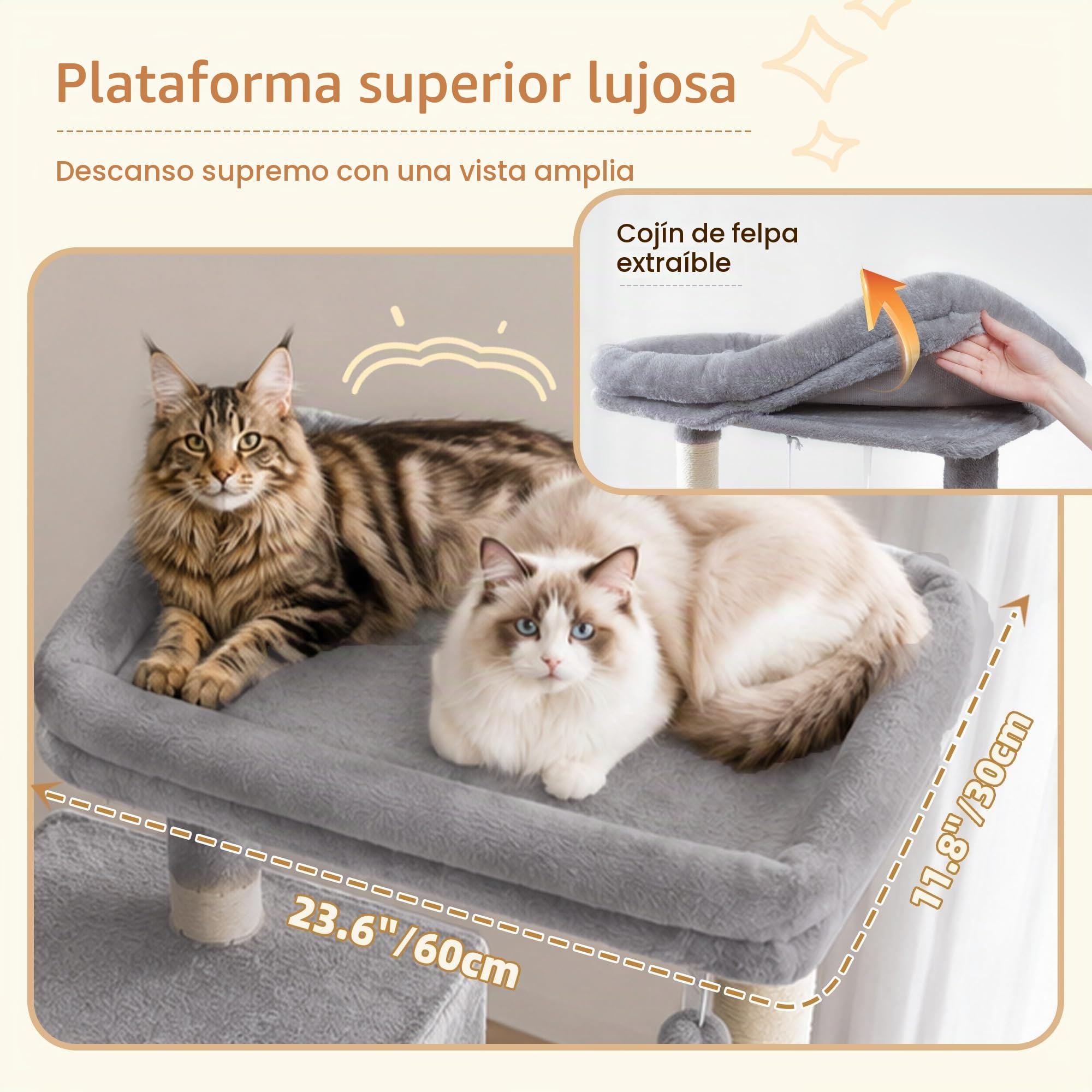 Heybly Árbol para Gatos de 173 cm para Gatos de Interior, Torre Resistente con Plataforma Superior Extra Grande, 2 Condos Acogedores, 2 Cestas, 10 Postes Rascadores de Sisal, Gris Claro HCT059W