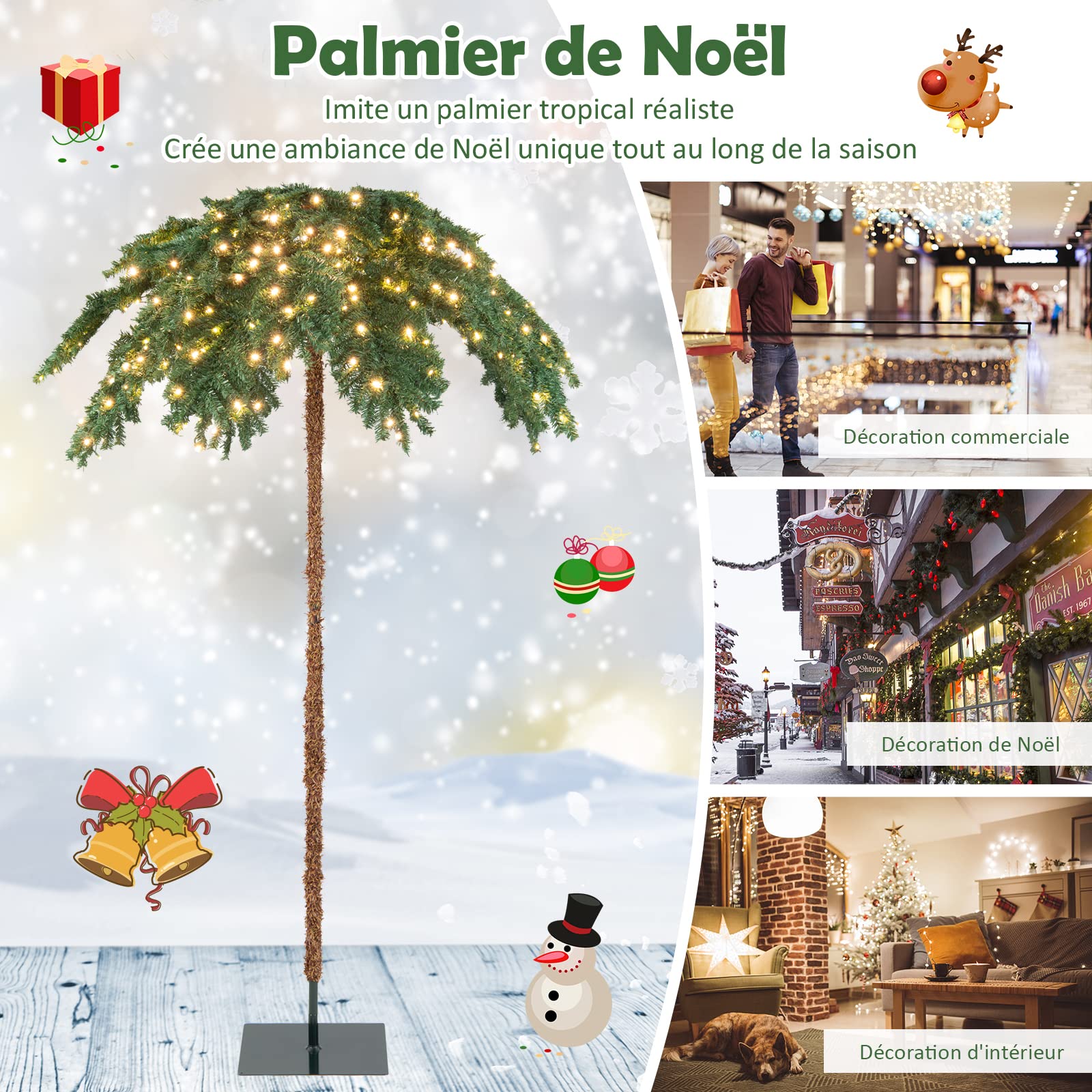 COSTWAY Sapin de Noël Artificiel de 180 cm, Palmier de Noël Pré-Illuminé avec 250 Lumières LED Blanc Chaud, 813 Branches, Structure à Charnière, Support, pour Porche, Maison