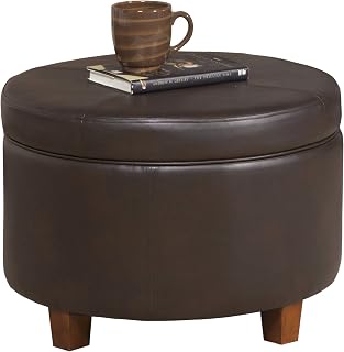 HomePop Large Round Faux Leather Storage Ottoman with Lid, Chocolate Brown - Stylish Seating & Hidden Storage
