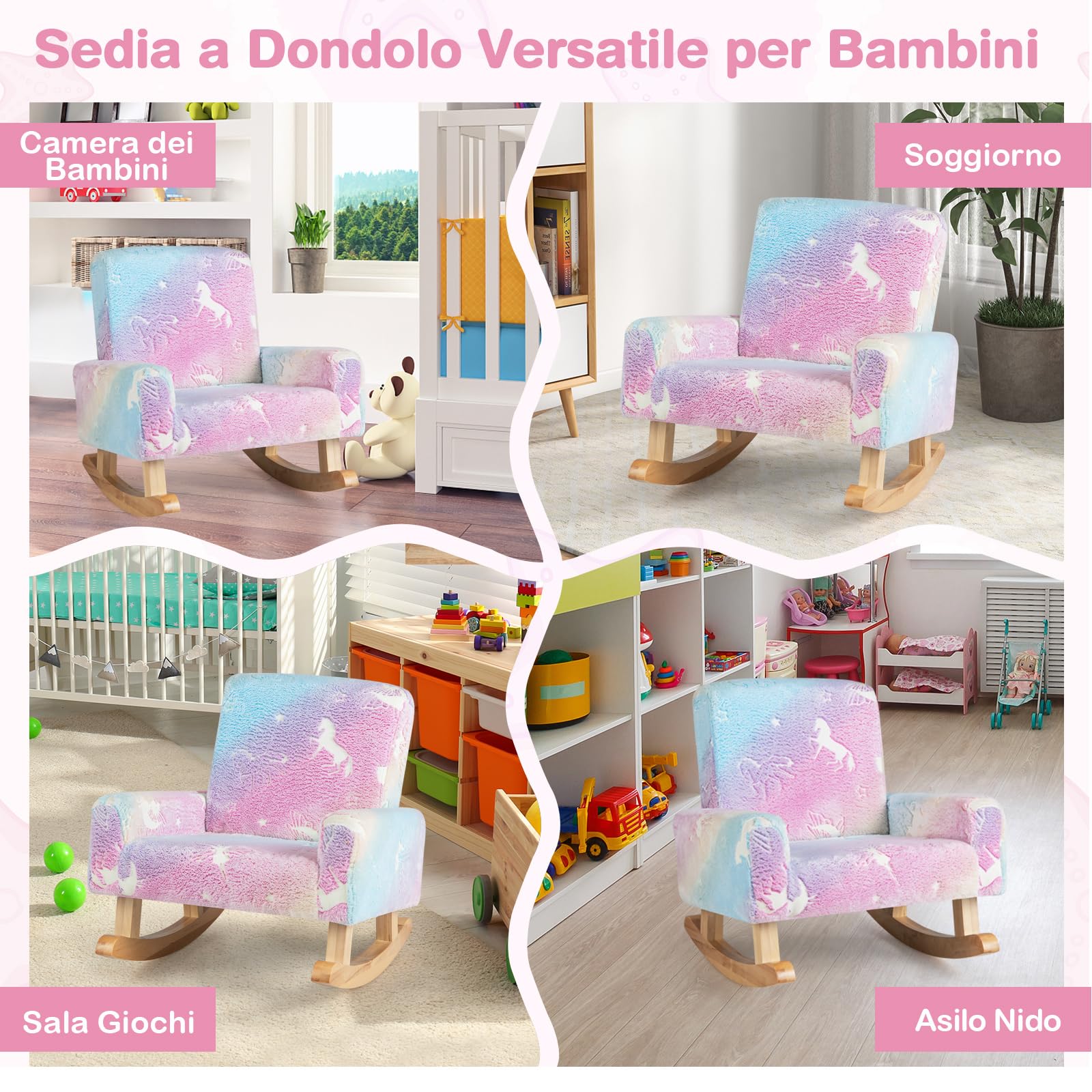 GYMAX Sedia a Dondolo per Bambini, Divanetto Brillante al Buio, Poltroncina Imbottita in Flanella per Bambini con Gambe in Legno Massello, per Camera da Letto, Sala Giochi, Asilo Nido, 3-5 Anni