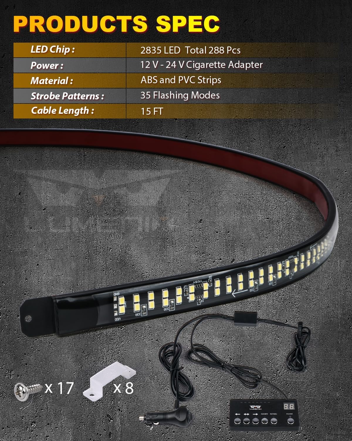 LUMENIX 49" Inch Strobe Light Strips, Back Window | Tailgate White Amber Warning Emergency Flashing Safety Double Row LED Strip Flexible Lights Bar w/Controller for Tow Work Trucks Vehicles SUV - 1PC