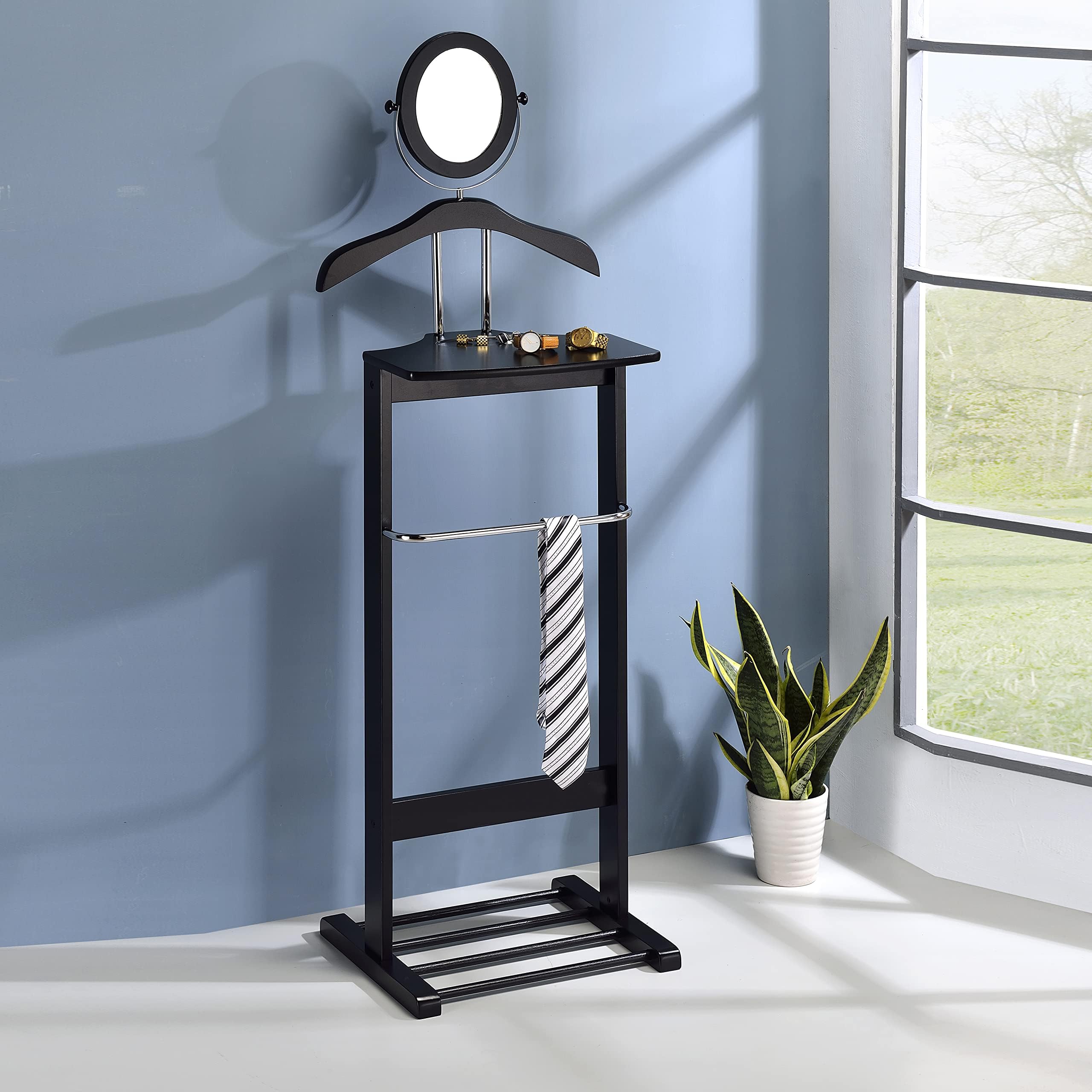 Kings Brand Furniture Millett Wood Suit Valet Stand Clothes Rack, Black/Chrome