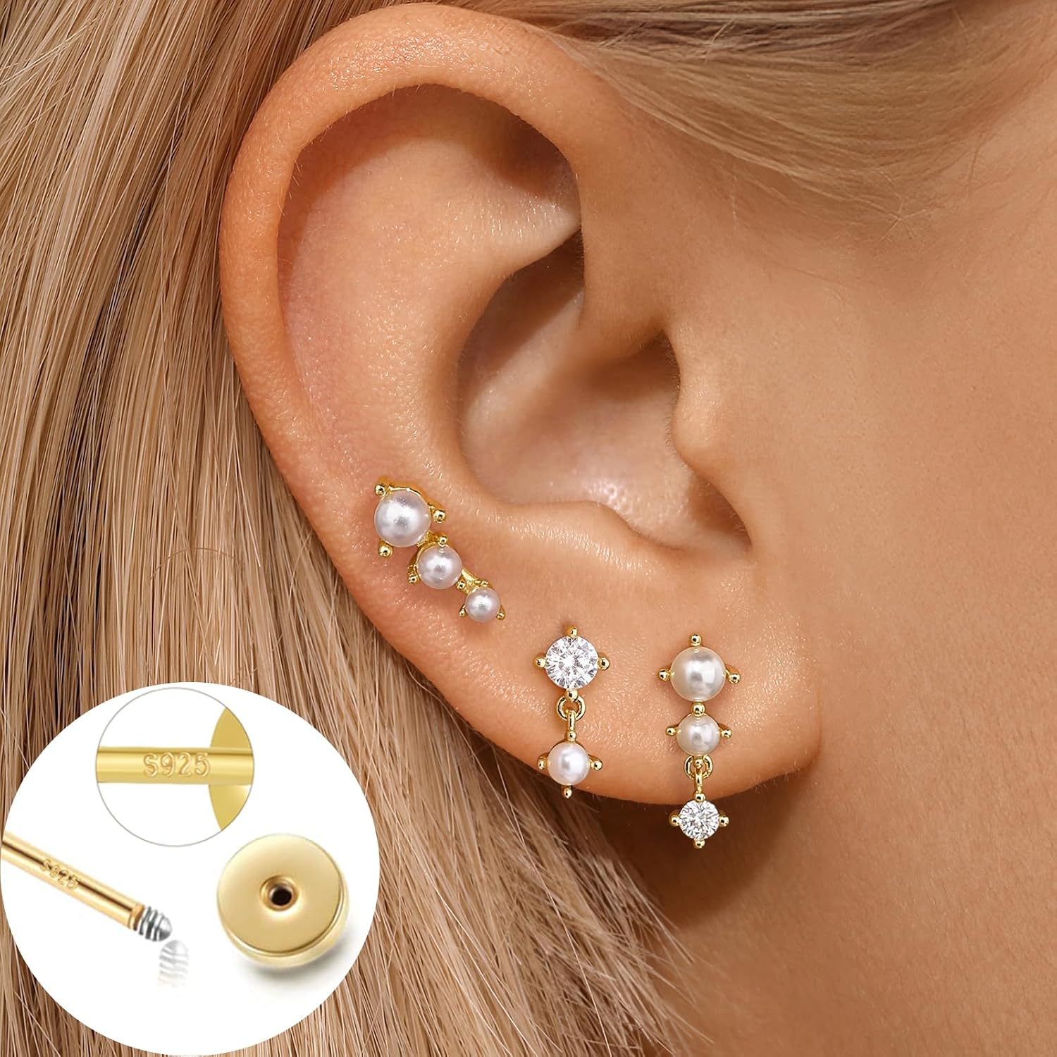 Dainty Flat Back Earrings, 14K Gold Cute Stud Cartilage Earrings with S925 Sterling Silver Post, Hypoallergenic Flatback Earrings for Women Helix Earrings Jewelry