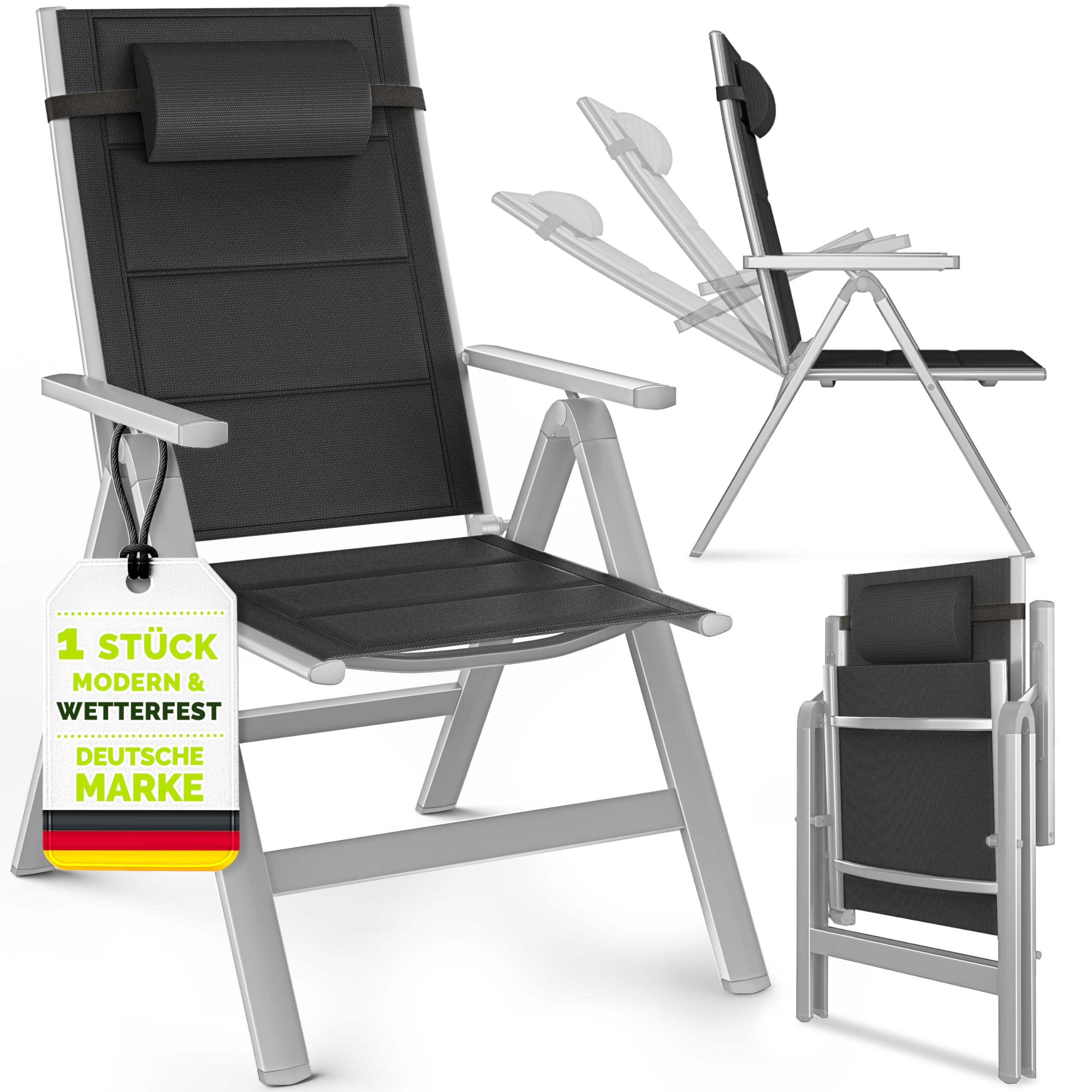 tillvex® Gartenstuhl Hochlehner 1 Stück mit Armlehnen & Kopfkissen | Klappstuhl 7-fach Verstellbar inkl. Polsterung | Campingstuhl Klappbar, Wetterfest & Atmungsaktiv | Gartenstühle Aluminium
