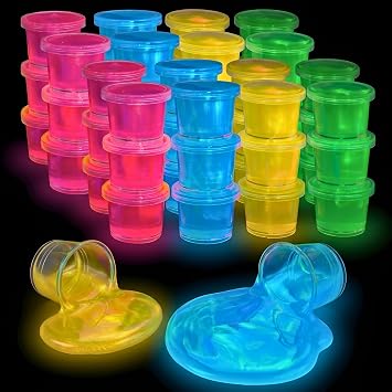 توهج صغير في The Dark Slime - 24 Pack - Slime Party تفضل ألوان النيون الأزرق والأخضر والوردي والأصفر - مجموعة Slime متوهجة للأطفال - حفلات الحيل ، حشو حقيبة قودي