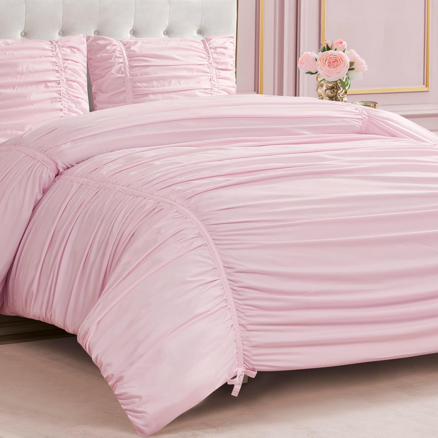 Juicy Couture Ribbon Ruched 3 Piece Full/Queen Comforter Set, Pink Marshmellow Bedding Ensemble