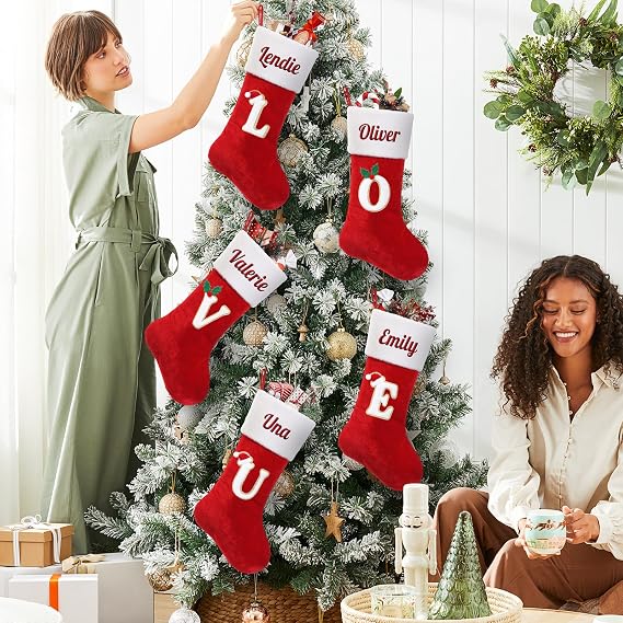 18 Inches Personalized Monogram Christmas Stockings with Letters & Names, Large Custom Christmas Stockings Red Velvet with White Soft Plush Cuff for Xmas Tree Holiday Fireplace