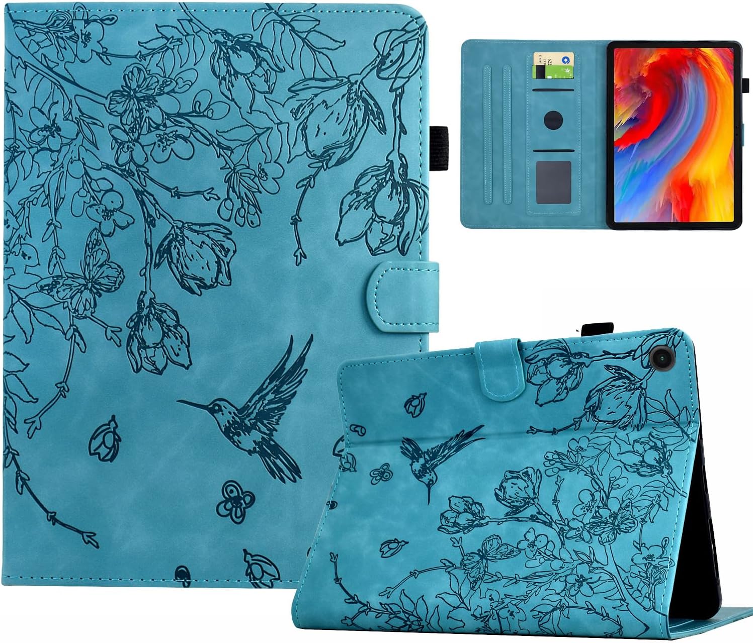 Case for Samsung Galaxy Tab A11, Premium PU Leather Multi-Angle Viewing Stand Cover with Card Holder Flip Book Case - Flower and Bird Light Blue