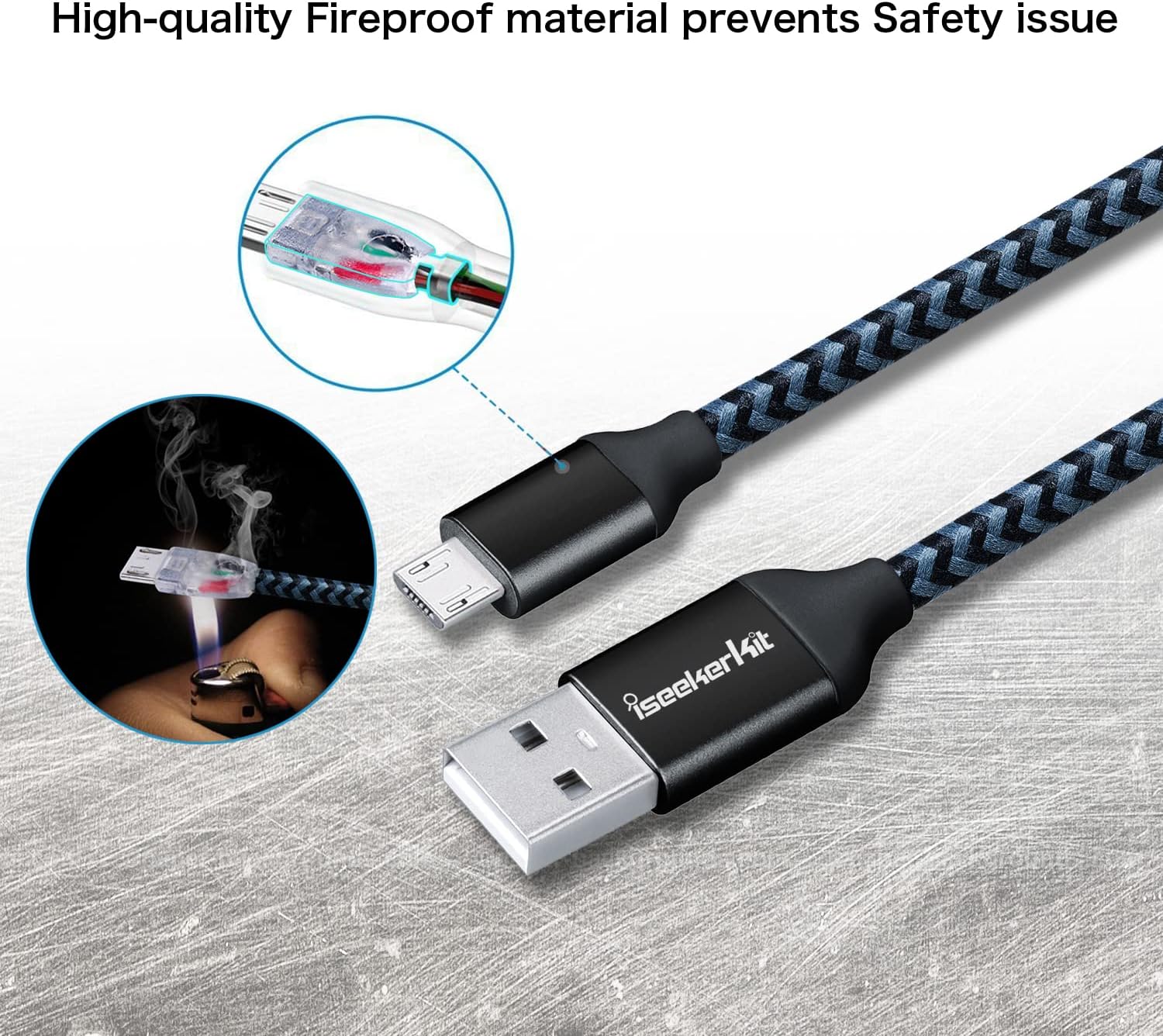 iSeekerKit Short Micro USB Cable 1Ft Nylon Braided Fast USB Charging Cord Compatible for External Battery Charger, Samsung, HTC, LG, Android and More [3 Pack] (Black)