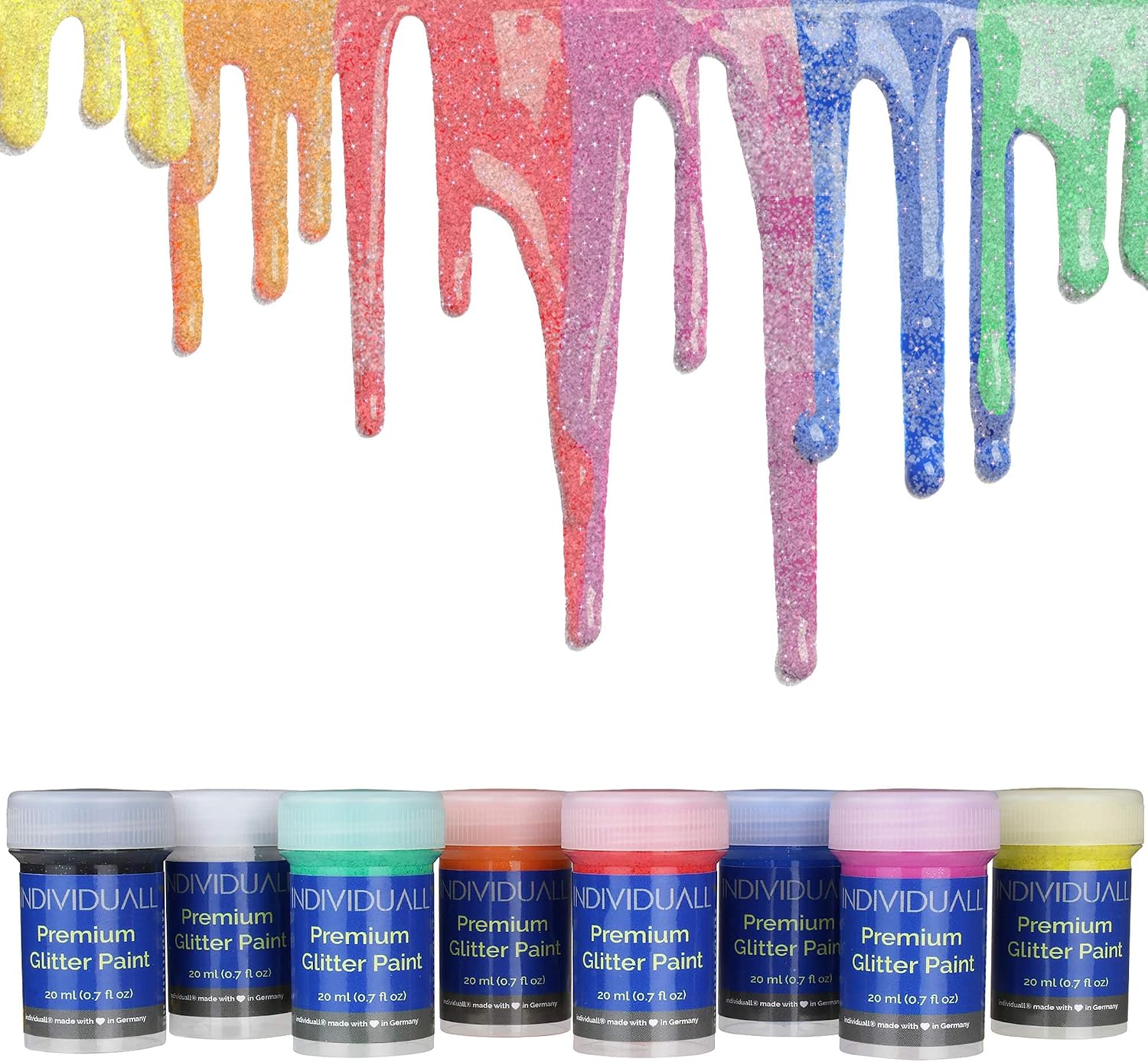 individuall Glitter Paint - Set of 8 Sparkly, 20mL Acrylic Paints with Metallic Shimmer - Art Supplies for Canvas, Paper, Wood, Metal and Plastic - Gifts for Artists﻿