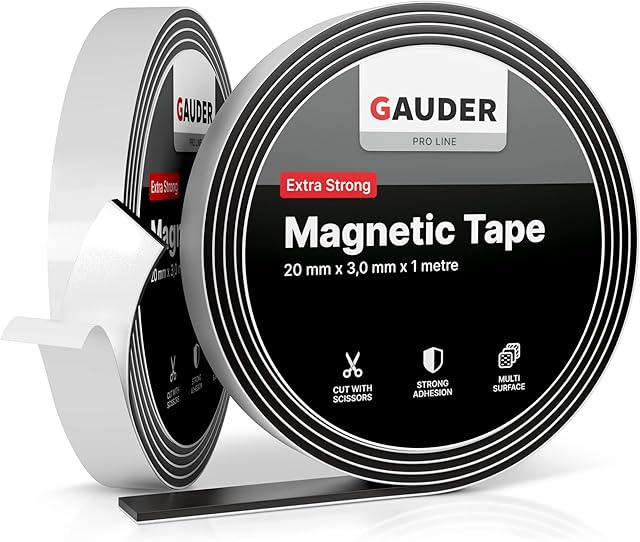 GAUDER Magnetic Tape Extra Strong (20 mm x 1 m) | Magnet Strips Extremely Self Adhesive | Sticky Back Magnet Roll