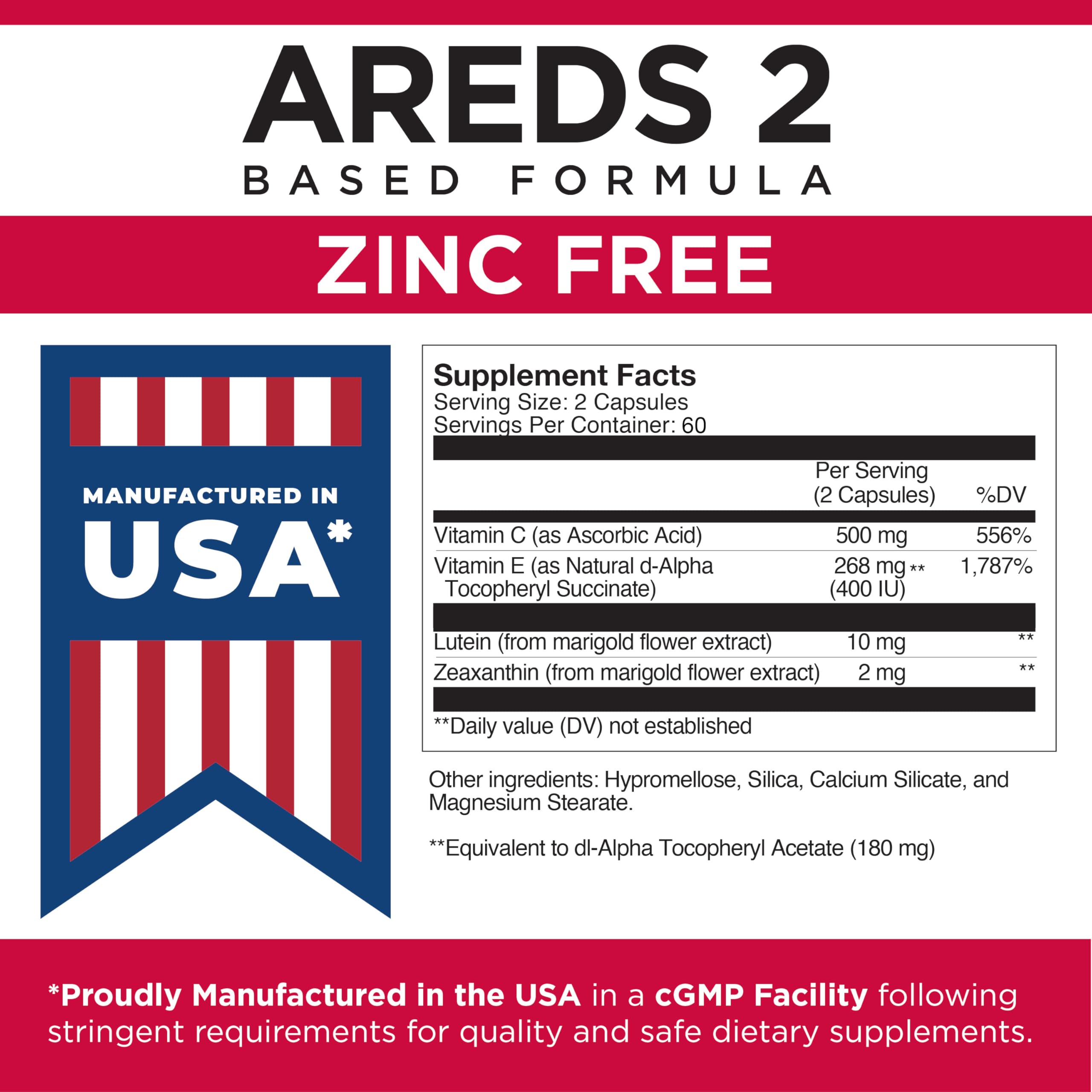 Viteyes AREDS 2 Zinc Free Macular Support, Natural Allergen Free Capsules with Vitamin E, Vitamin C, Lutein & Zeaxanthin, No Zinc, No Copper, Eye Doctor Trusted, Manufactured in The USA, 120 Ct — Amazon image 5