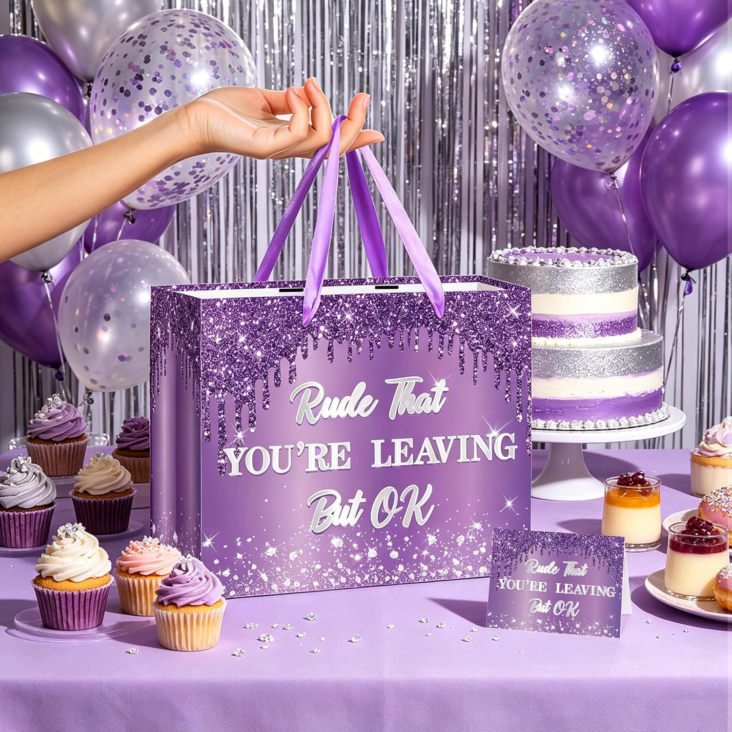 Farewell Going Away Gift Bags,Purple Silver Rude That You're Leaving But Ok Paper Bag with Wrapping Tissue Paper Greeting Card for Moving Away,Goodbye,Retirement,Coworker Leaving Party Supplies Present image 3