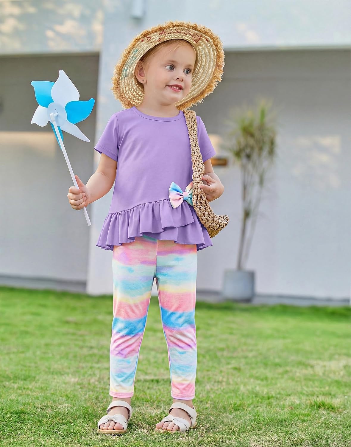 Arshiner Toddler Girl Clothes Summer 2 Piece Outfits Ruffle Hem Short Sleeve Top and Printed Leggings Kids Clothing Sets