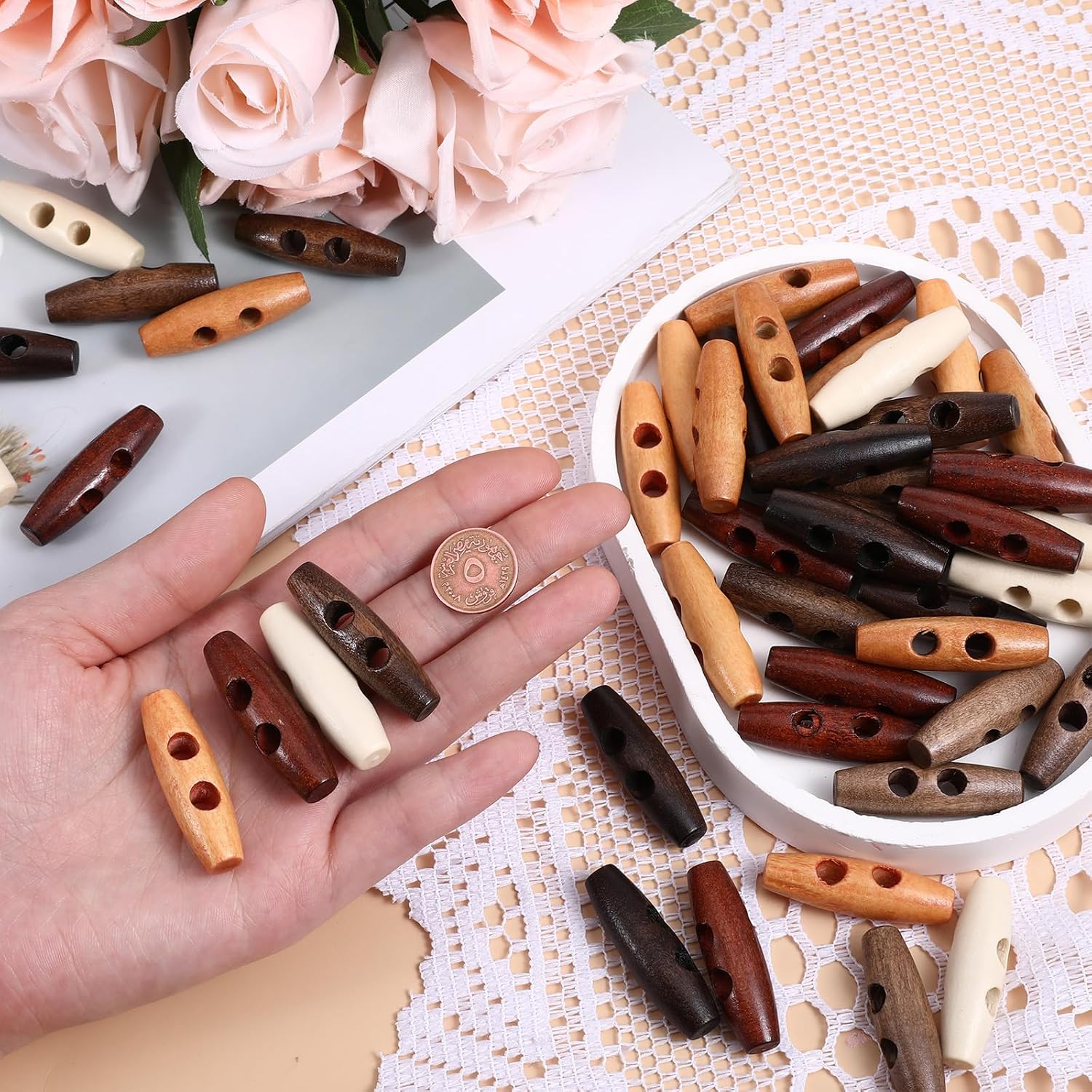 70Pcs Wood Sewing Toggle Buttons Oval Wooden Buttons 40mm/1.57 in 2 Holes Horn Toggle Buttons Sewing Knitting Buttons for DIY Coat Clothes Accessories, 7 Colors