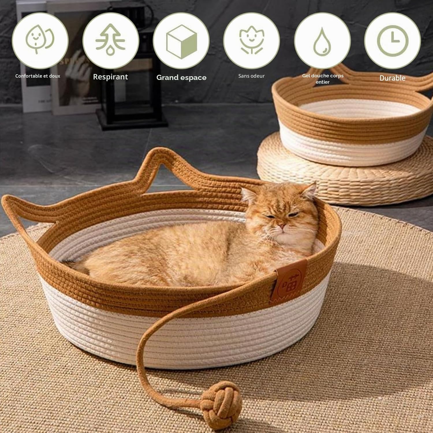 MEISO Lit pour chat intérieur en coton tissé à la main, panier avec queue de jouet, pliable et respirant (M)