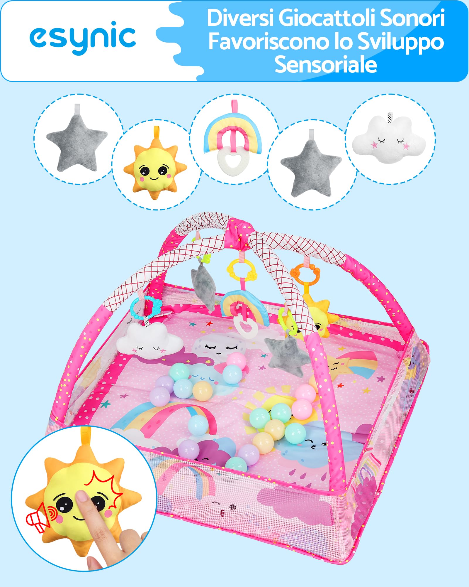 eSynic Tappeto Gioco per Neonati 77x77cm con 5 Giocattoli Sonori Sospesi Rimovibili, Piscina di Palline, Facile da Montare e Lavare, Sviluppo Sensoriale, Palestrina per Piccoli 0-18 Mesi - Cielo Rosa