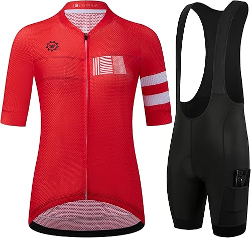 GCRFL Conjunto de camisetas de ciclismo para mujer, altamente transpirables, pantalones cortos con bolsillos y acolchado 4D
