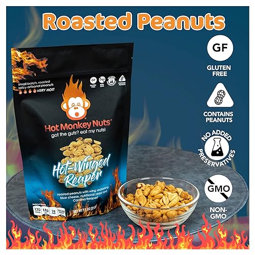 Miniatura 8 de Hot Monkey Nuts Cacahuetes artesanales picantes  Paquete de 3 cacahuetes picantes  Black Widow's Bite, Hot Winged Reaper y Curry Up! I'm on Fire -