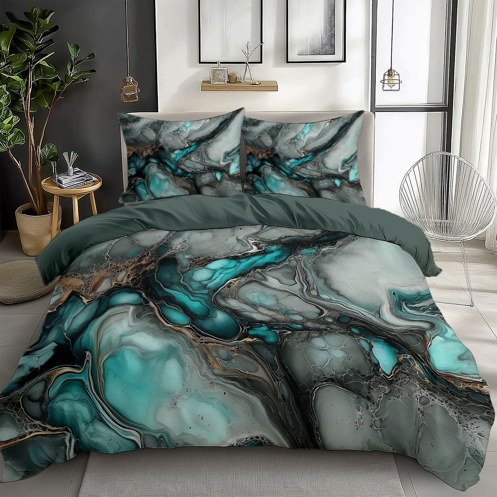 Gray-Green California King Duvet Cover Abstract Acrylic Painting Marble Cal King Bedding Set 3 Pieces, Soft and Breathable Microfiber Comforter Cover with 2 Pillow Shams, for All Season