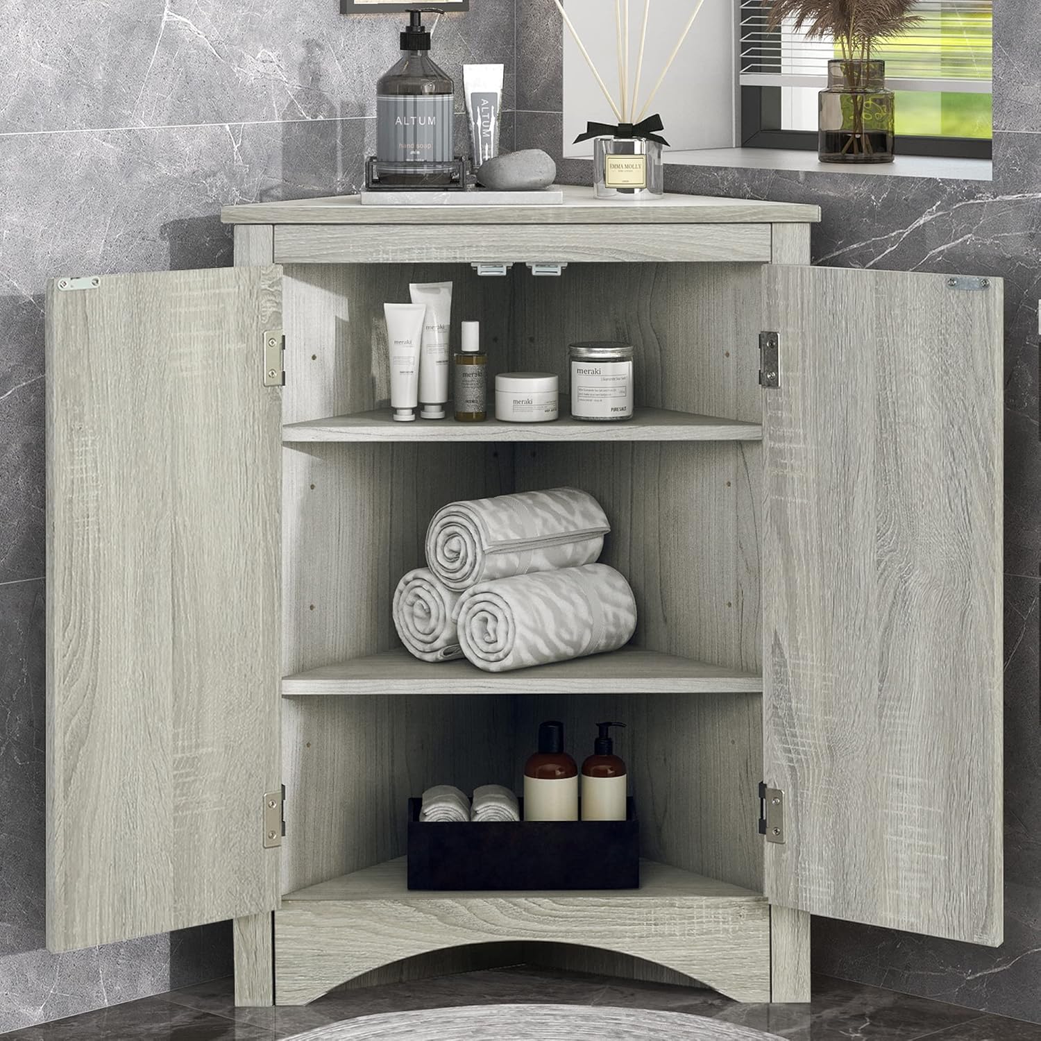 Amposei Triangle Corner Storage Cabinet for Small Spaces, Free Standing Bathroom Floor Cabinet with Adjustable Shelves for Living Room Laundry Kitchen, Oak