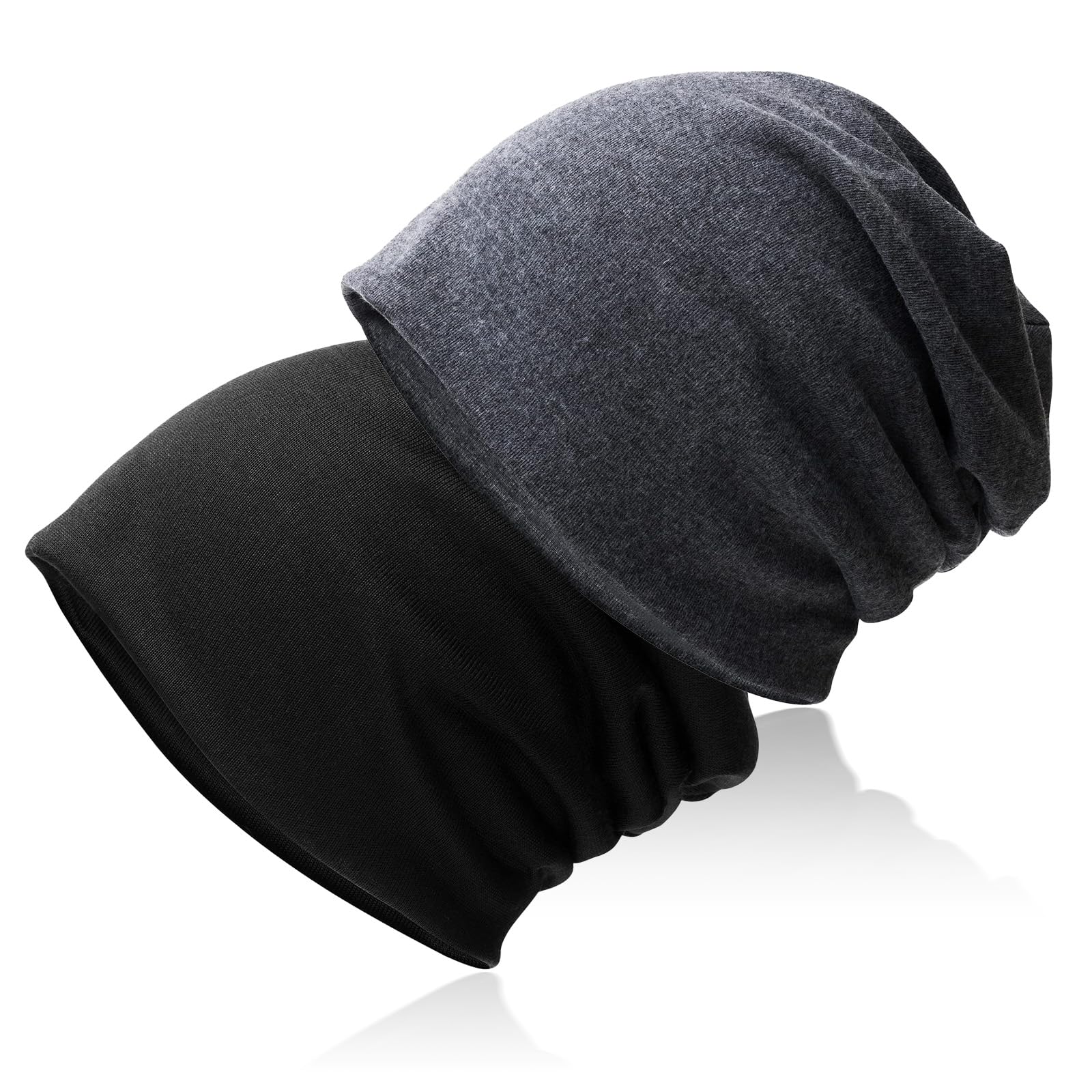 Hurinan Unisex Black+Grey Slouch Beanie Hat,Soft Baggy Beanie Hat And Cotton Jersey Skull Cap Winter Headwear For Men Women (Black+Grey)