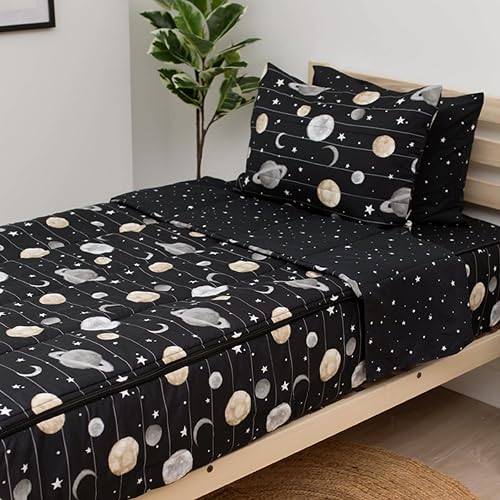 Beddy's Space Theme Durable Zipper Bedding for Kids, Bed in a Bag, Black Sheets and Universe Galaxy Comforter with Stars & Solar System, Includes Pillowcase and Sham, Easy to Make and Wash