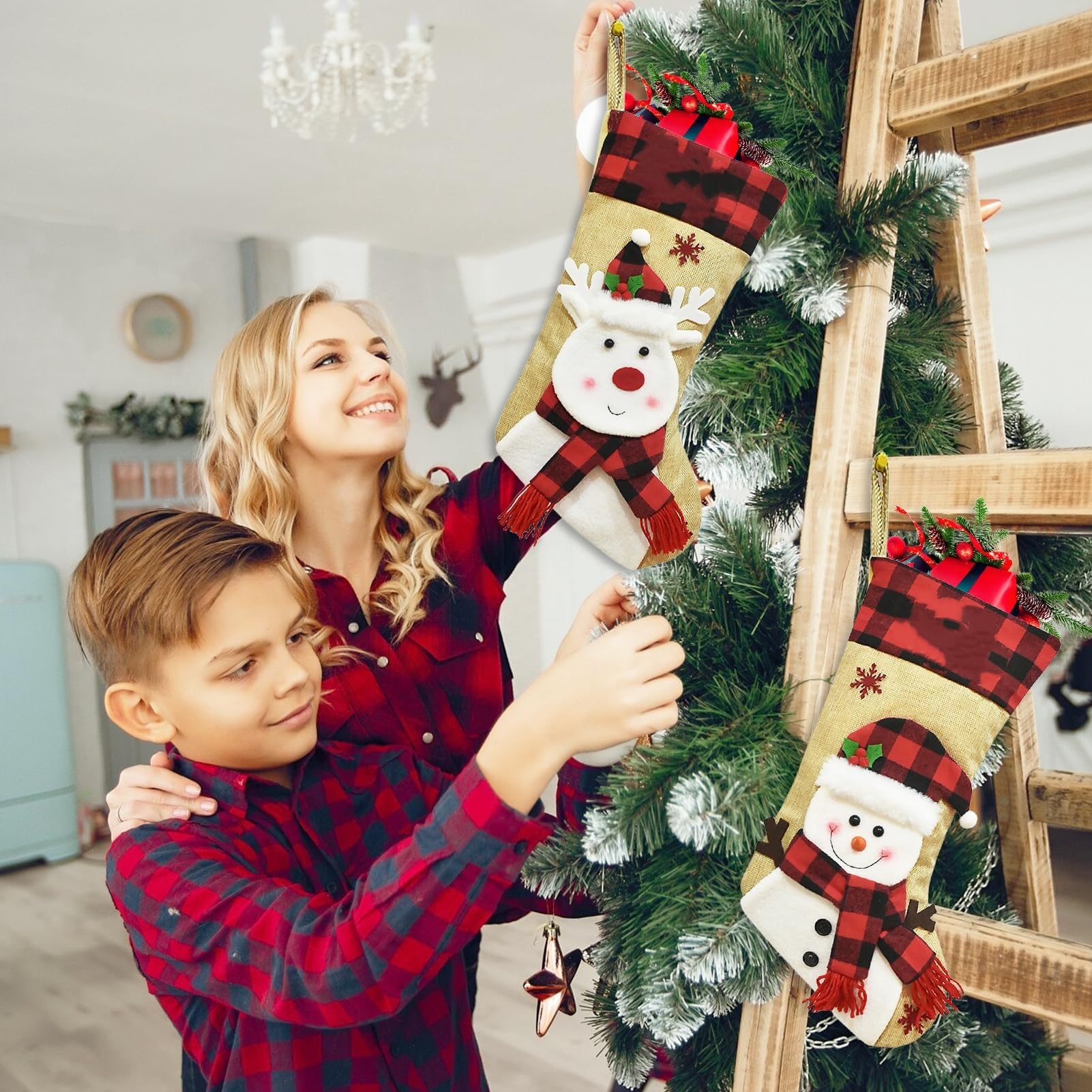 46 cm Große Weihnachtsstrumpf zum Aufhängen & Befüllen - Familie Weihnachtssocken Kinder - Nikolausstiefel Weihnachtsdeko Kamin - 4 Stück