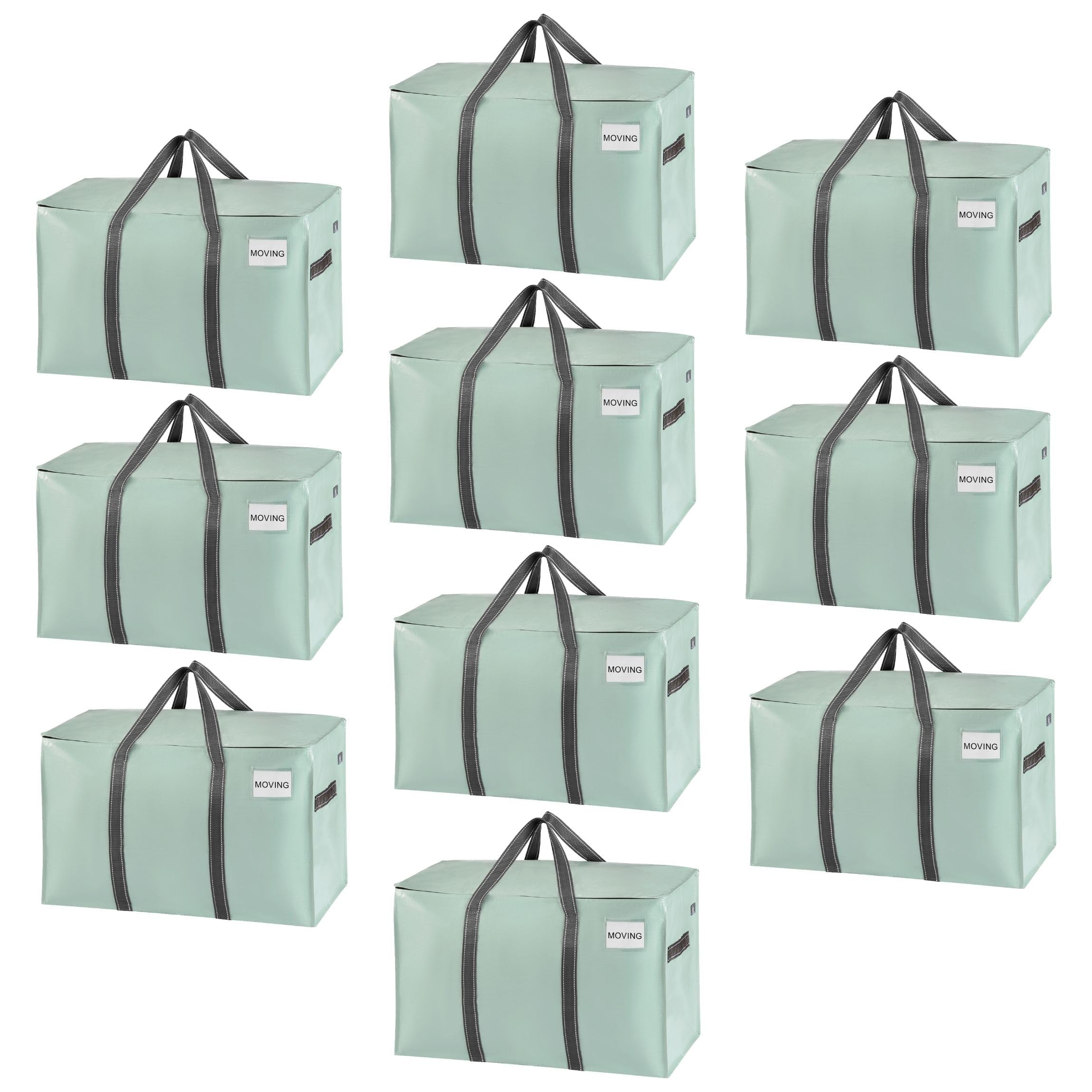 VENO 10 Pack Moving Bags, Moving Supplies, College Packing Storage Boxes with Lids Alternative, Heavy Duty Totes, Extra Large, Sturdy Handles, Zipper, for Packaging (Shiny Light Green, 10 Pack)