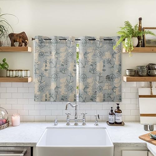 Miniatura 2 de Paneles de cortina para ventana de 72 pulgadas de largo, tratamiento de ventana de mapa náutico con ojales, lancha de faro de vela, ancla azul