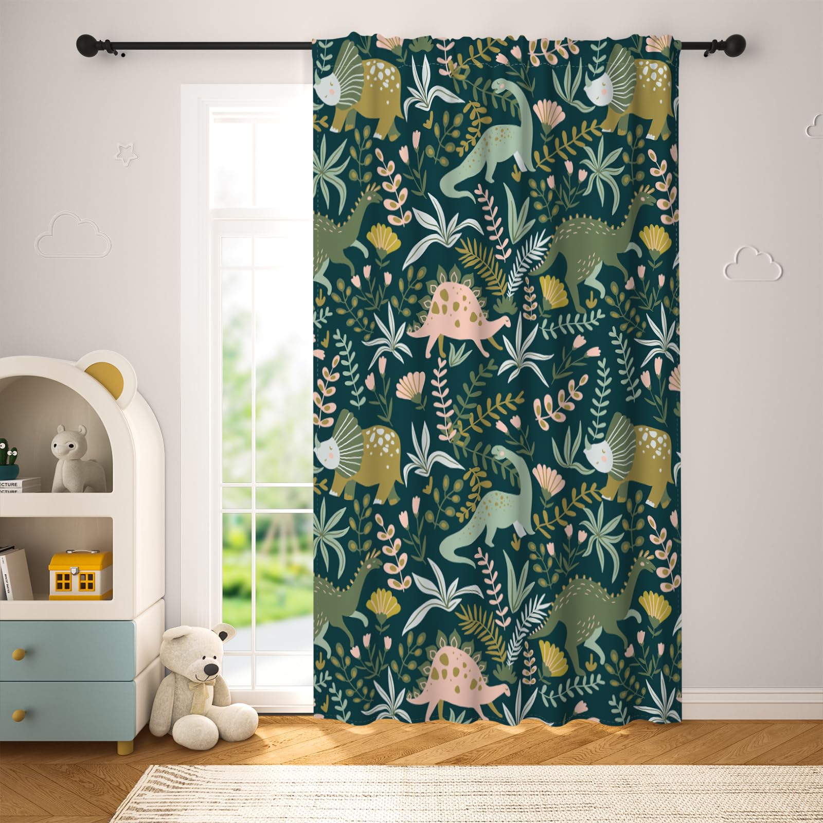 YONGFOTO 140x229cm Dinosaure Rideaux filtrant la lumière pour Chambre d'enfant Préhistorique Faune Botanique Occultation Passe Tringle Habillage de fenêtre pour crèche 1 Panneau