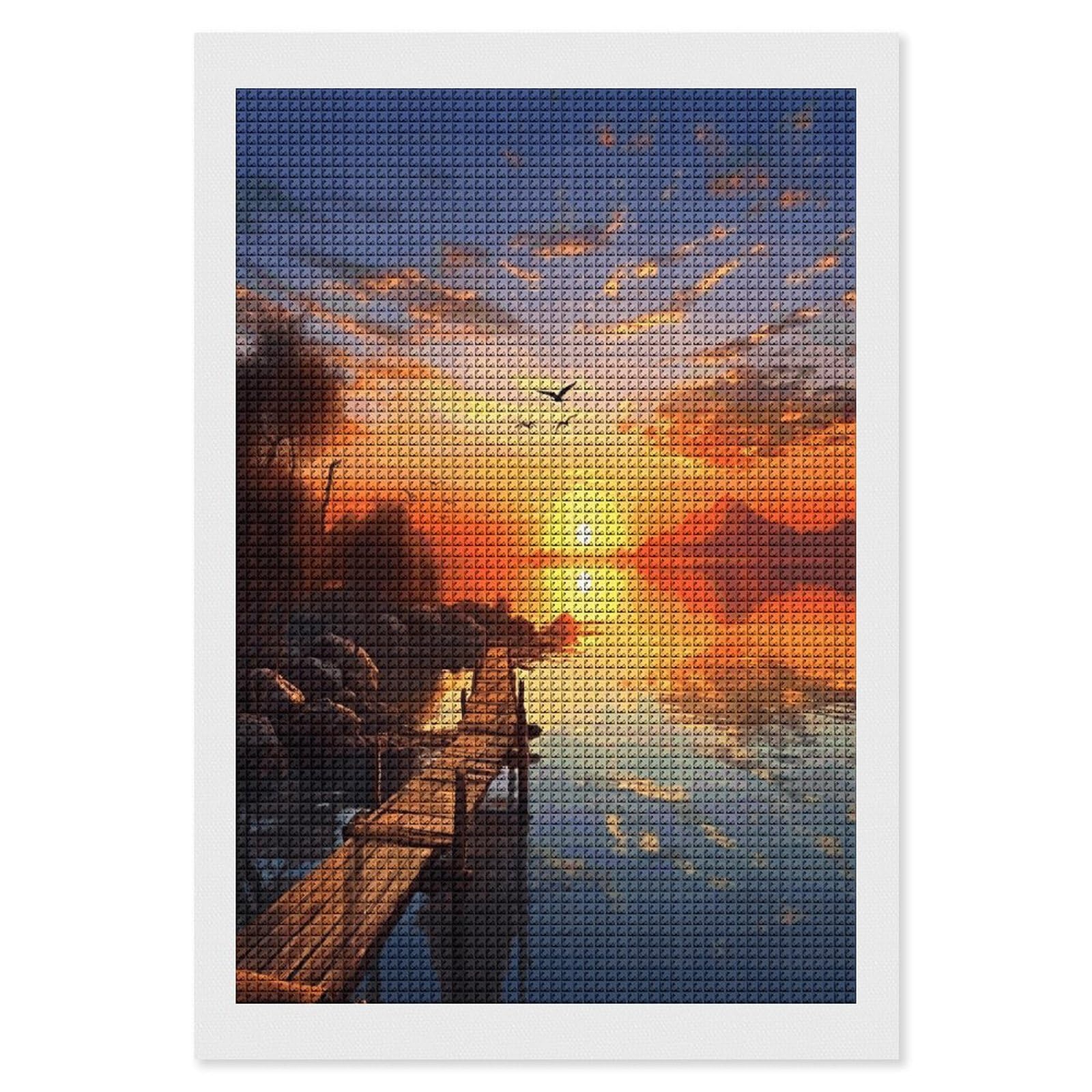 Yuxbvkrs Sunset Scenery Diamond Painting Kits For Adults, Diamond Art Pictures, Synthetic Fiber Cloth Diy 5D Gem Art Painting For Beginners Home Wall Decor 20X30cm