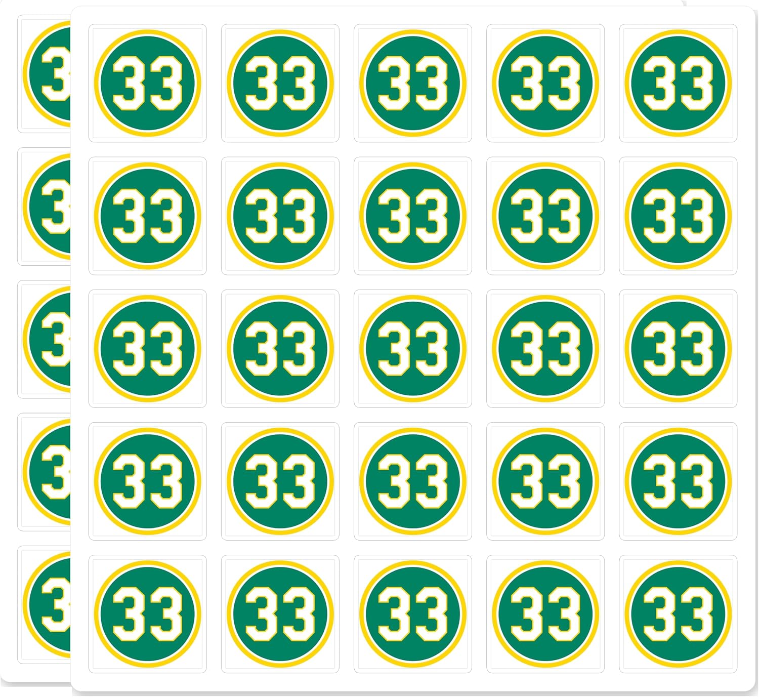 Jose Canseco #33 Jersey Number Green Gold Circle Retro Baseball Fan Weatherproof Waterproof UV Resistant 50 Pack 1 Inch Vinyl Decal Sticker