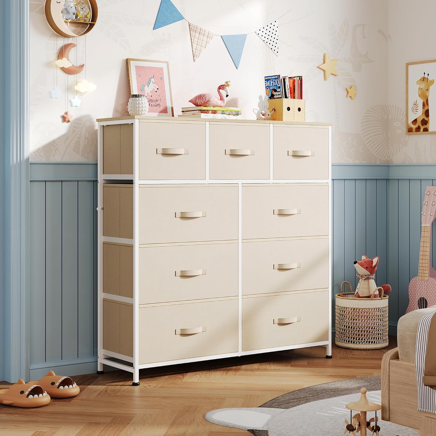  9 Drawer Dresser, Fabric Storage Tower for Bedroom, Hallway, Closet, Tall Chest Organizer Unit for Bedroom with Fabric Bins, Steel Frame, Wood Top, Easy Pull Handle, Cream White thumbnail