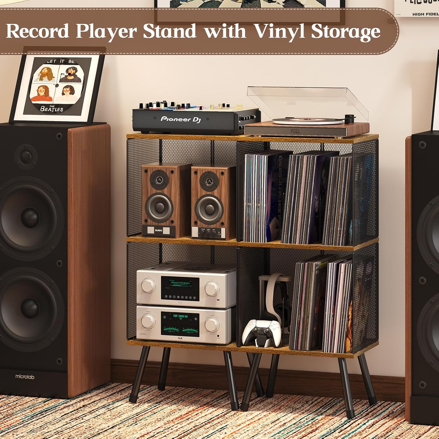 X-cosrack 3-Tier Record Player Stand, Turntable Stand with Storage up to 200 Albums, Corner Vinyl Record Holder with Adjustable Divider, Mid-Century Record Table Vinyl Storage for Bedroom Living Room