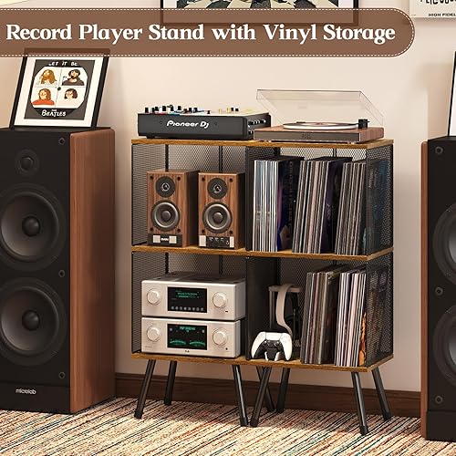 Miniatura 6 de X-cosrack Soporte para tocadiscos de 3 niveles, soporte giratorio con almacenamiento de hasta 200 álbumes, soporte de disco de vinilo de esquina con