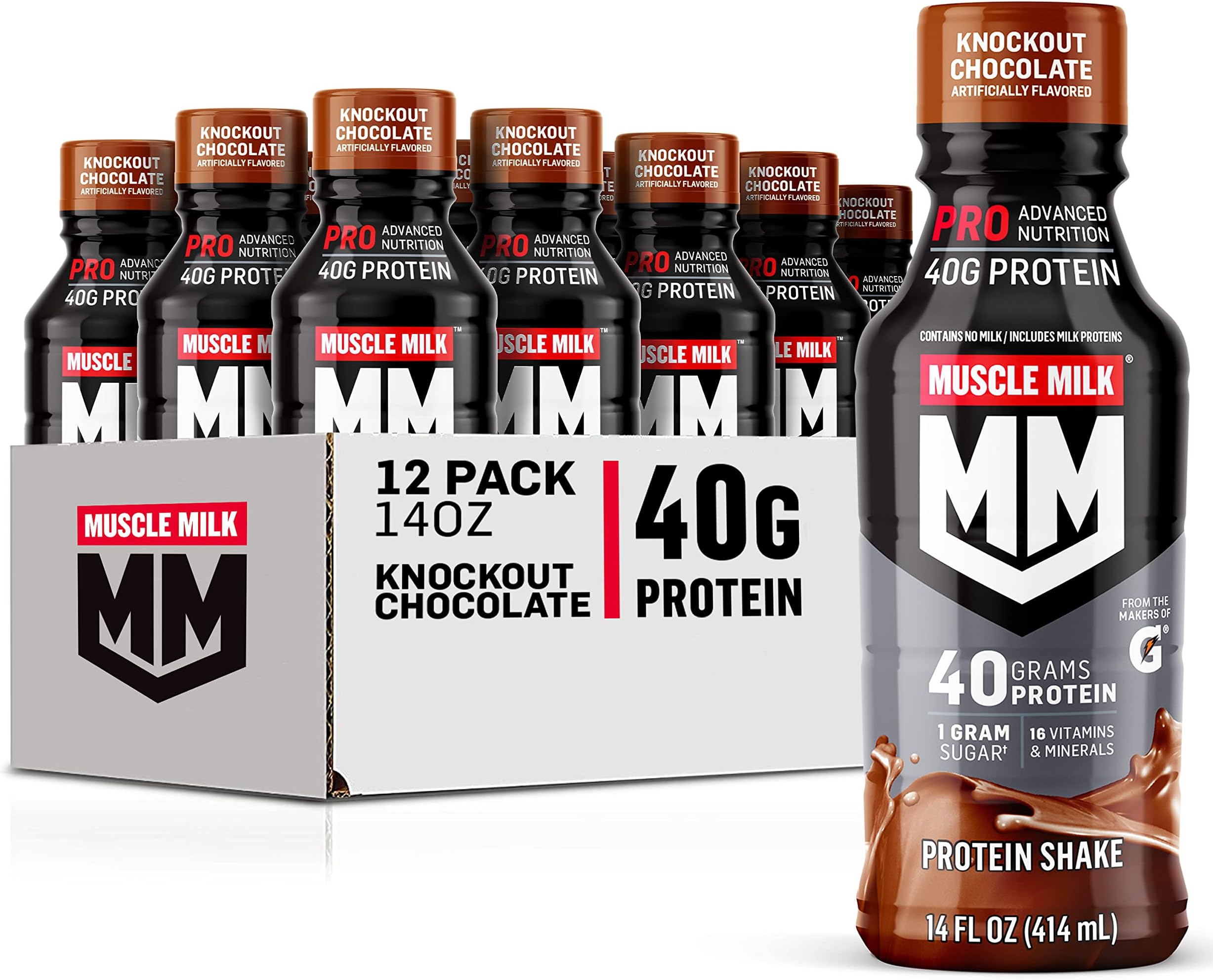 Muscle Milk Pro Advanced Nutrition Protein Shake, Knockout Chocolate, 14 Fl Oz Bottle, 12 Pack, 40g Protein, 1g Sugar, 16 Vitamins & Minerals, 6g Fiber, Workout Recovery, Packaging May Vary