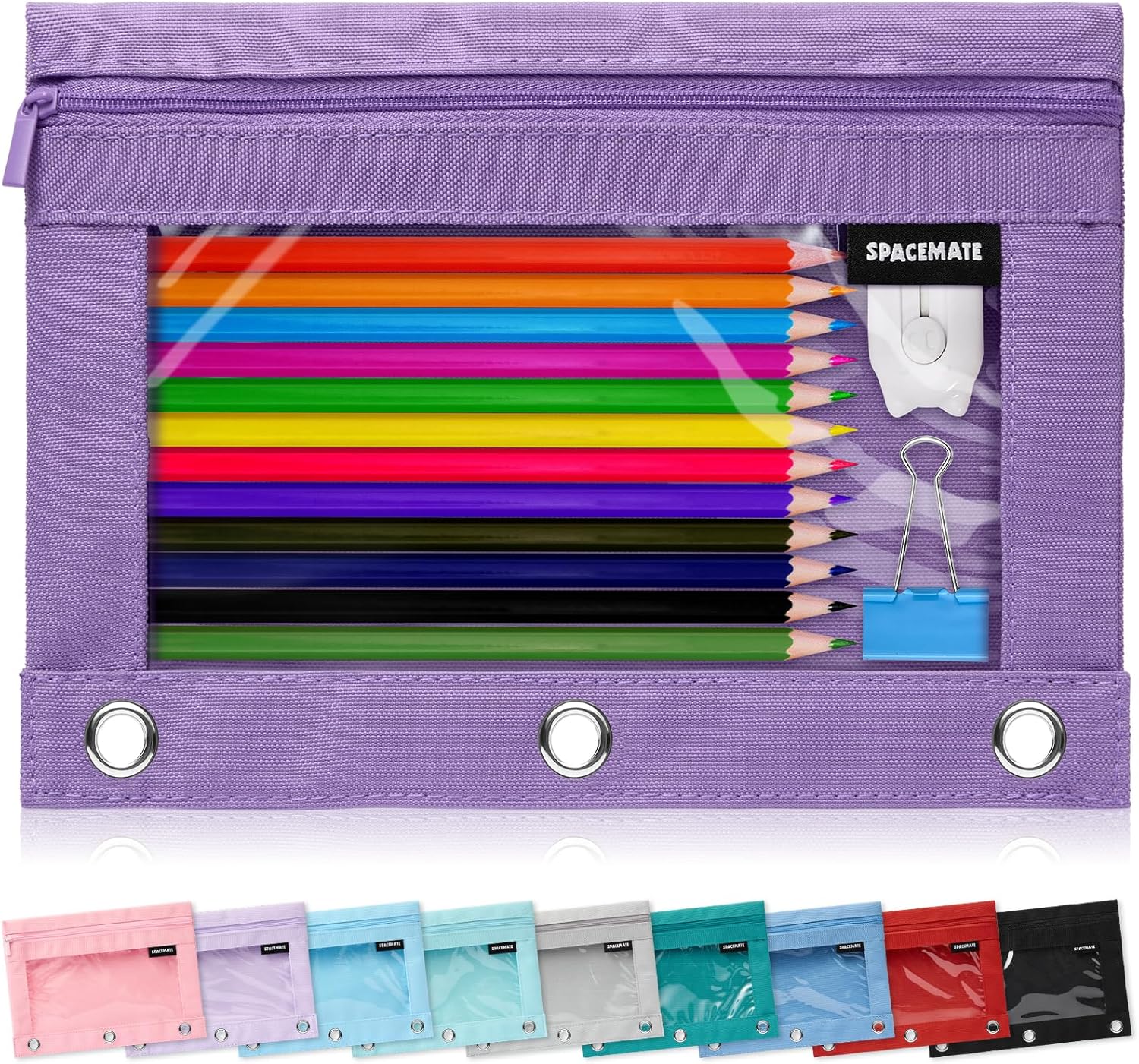 SPACEMATE Binder Pencil Pouch Case Box Bag for 3 Ring Binder School Supplies Girls Boys Kids, Clear Preppy Stuff Large Aesthetic Pen Organizer, Back to College Stationary, 1 Pack, Purple