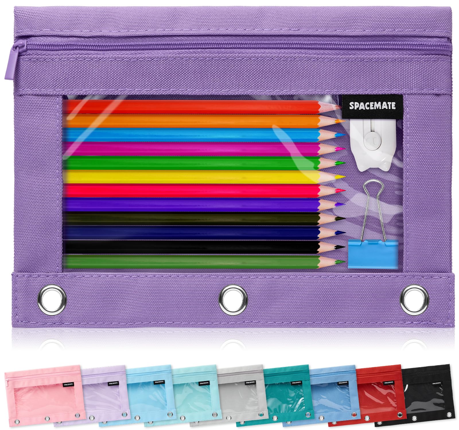 SPACEMATE Pencil Pouch for 3 Ring Binder, Clear 3-Hole Zipper Pencil Case