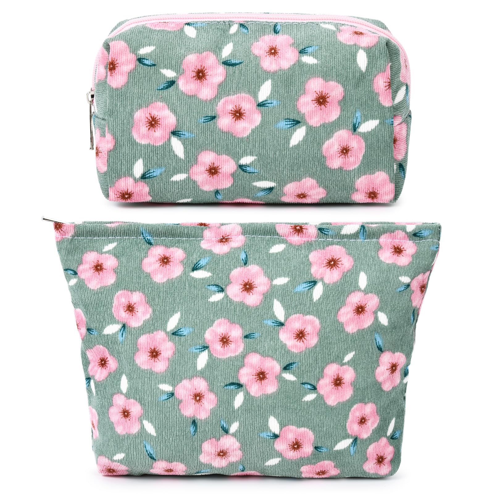 SOIDRAM2 Pieces Sakura Makeup Bag Large Cosmetic Bag Capacity Canvas Mix Travel Toiletry Bag Organizer Cute Makeup Brushes Aesthetic Accessories Storage Bag for Women, Sakura Mix Green