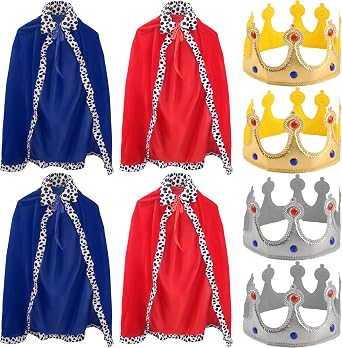 4 Pack Kids King Costume Set Kings Cape Red Blue Cloak Crown for Children Halloween King Prince Cosplay Birthday Party