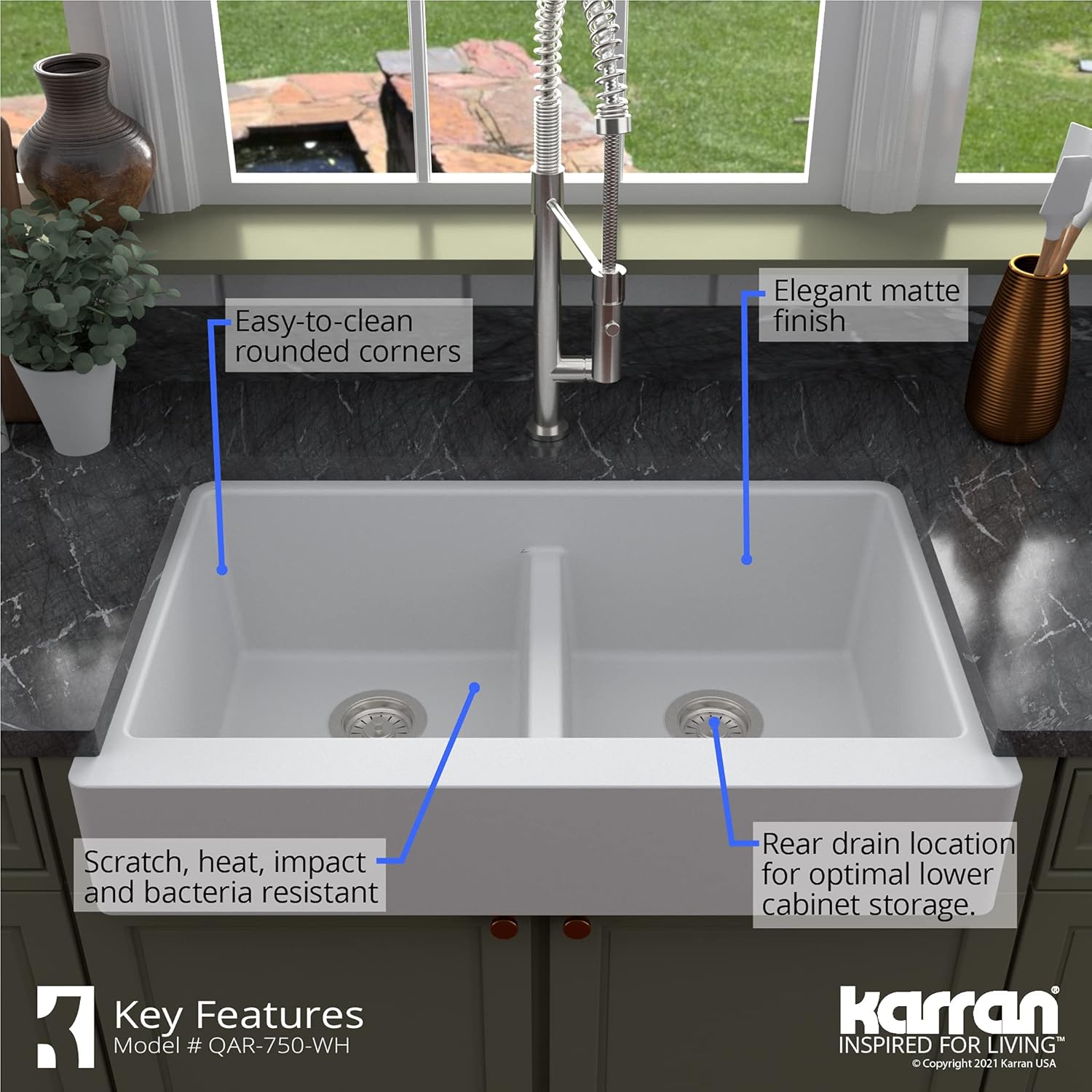 Karran QAR-750 Retrofit Farmhouse Apron Front Quartz Composite 34 in. Double Bowl Kitchen Sink Kit in White
