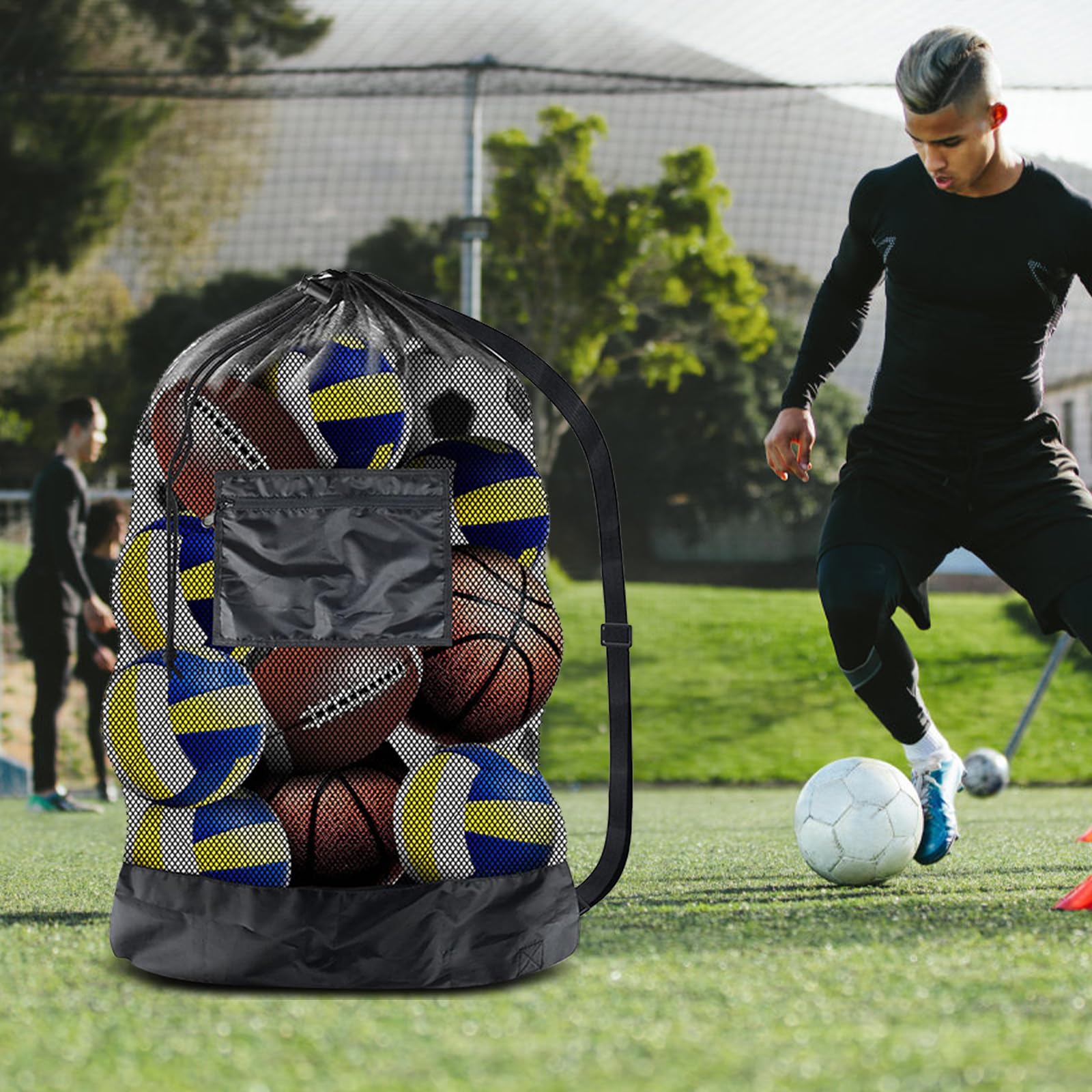 Scettar Borsa da Calcio in Rete, 101 * 76 CM Mesh Ball Bag Large con Coulisse e Tracolla, Rete Porta Palloni Portatile per Casa/Scuola/Ufficio/Palestra, Viene Fornito con 10 Birilli Gonfiabili