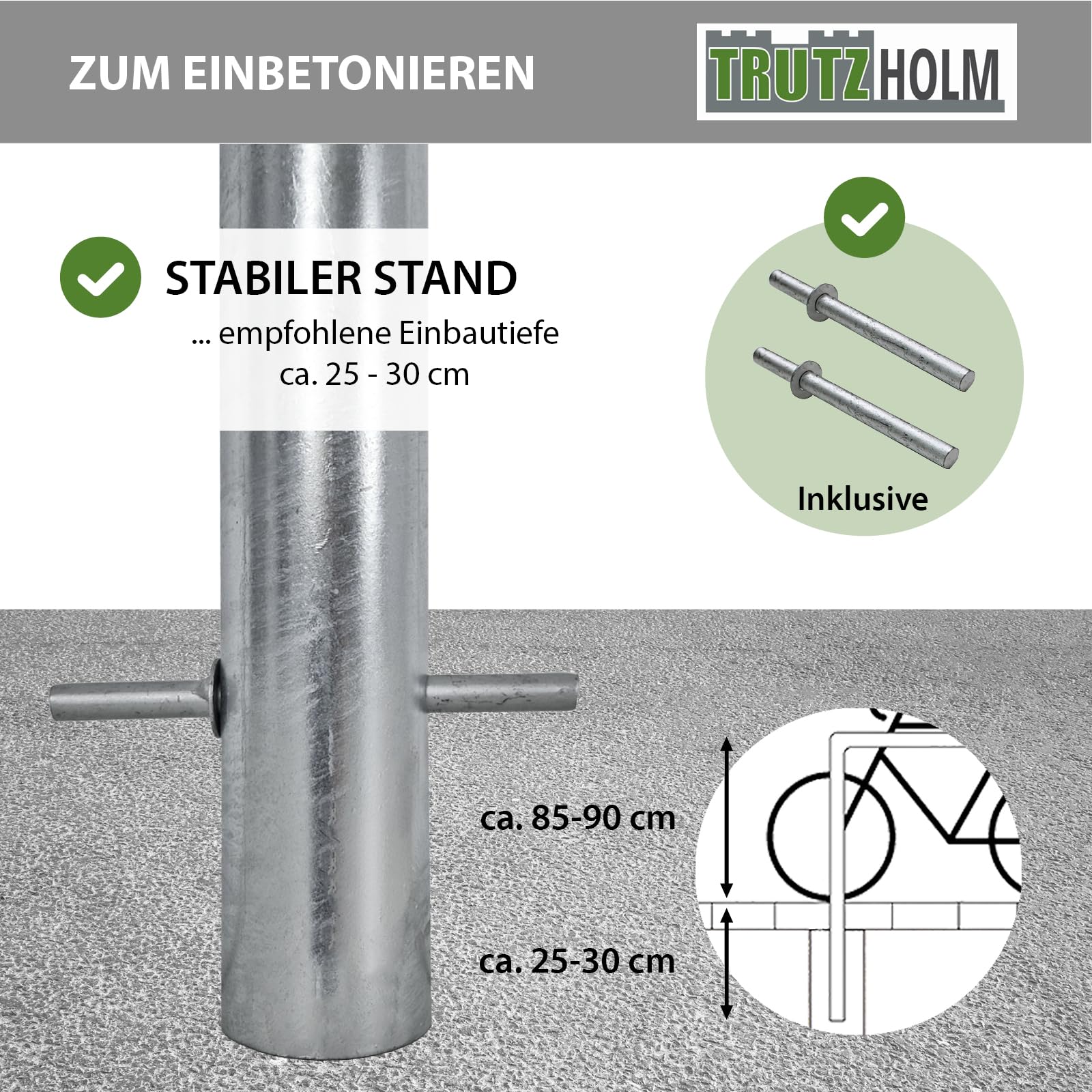TRUTZHOLM Fahrradanlehnbügel mit Mittelrohr 115 x 78 cm Stahl feuerverzinkt Ø 49 mm zum Einbetonieren Fahrradständer für 2 Fahrräder beidseitig nutzbarer Parker Diebstahlschutz für Fahrräder