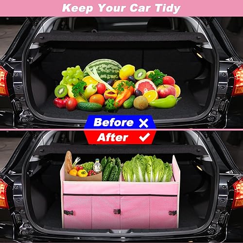 Miniatura 2 de Organizador de maletero de automóvil con bolsa enfriadora individual, 2 compartimentos, almacenamiento plegable para automóvil SUV (rosa)