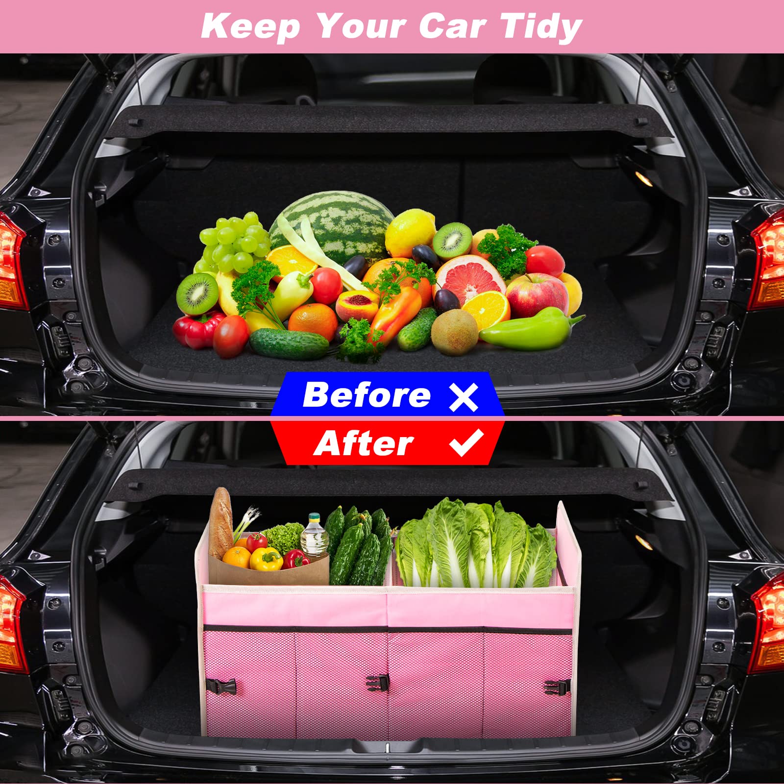 Organizador de maletero de coche con bolsa térmica individual, almacenamiento plegable de 2 compartimentos para SUV (rosa)