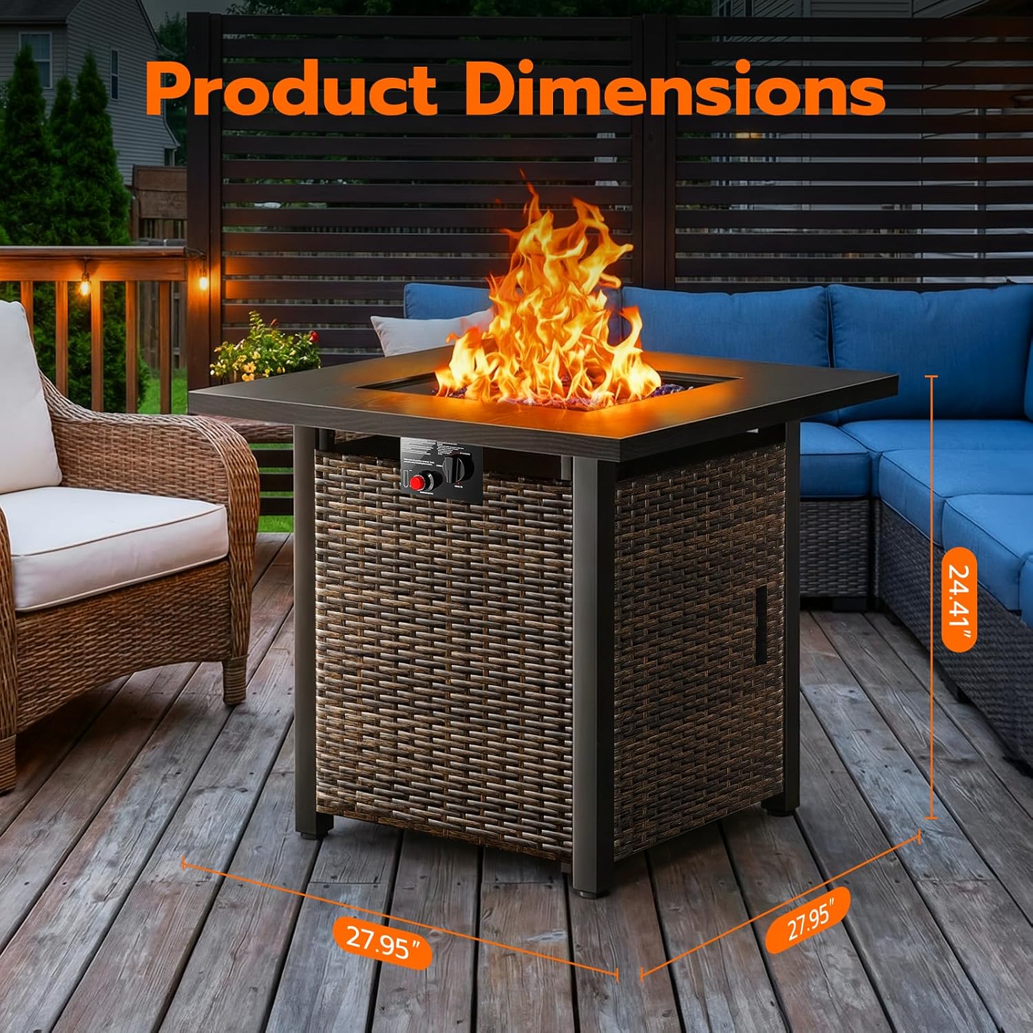 R.W.FLAME 28'' Outdoor Propane Gas Fire Pit Table, 50,000 BTU Square 2-in-1 Fire Pit Table with Lid, Smokeless CSA Certified Firepit with Glass Stones, Rattan Style for Patio, Deck & Backyard